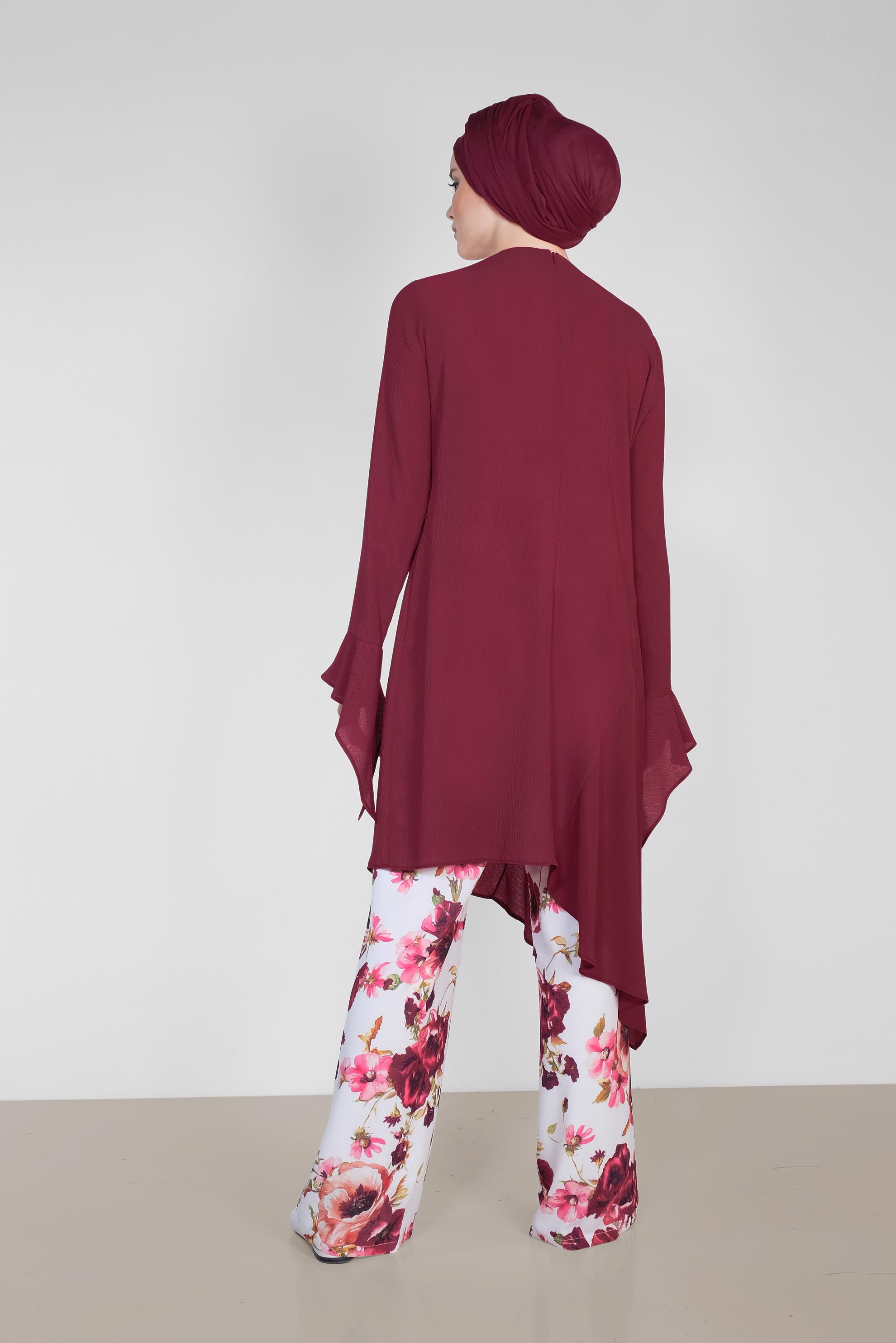 Tesettür giyim BORDO RAHAT KESİM ÇİÇEK DESENLİ PANTOLONLU TAKIM 4293