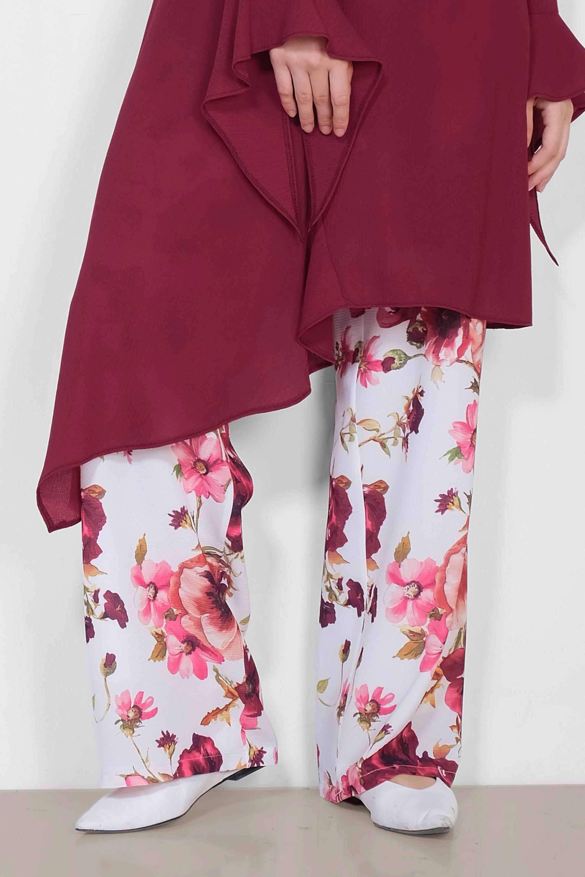 Tesettür giyim BORDO RAHAT KESİM ÇİÇEK DESENLİ PANTOLONLU TAKIM 4293