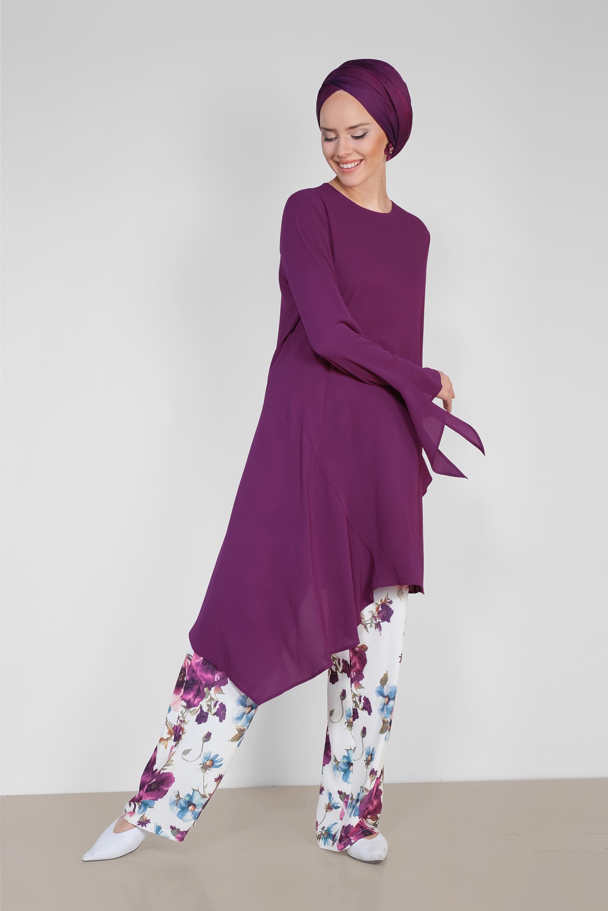 Tesettür giyim MÜRDÜM RAHAT KESİM ÇİÇEK DESENLİ PANTOLONLU TAKIM 4293