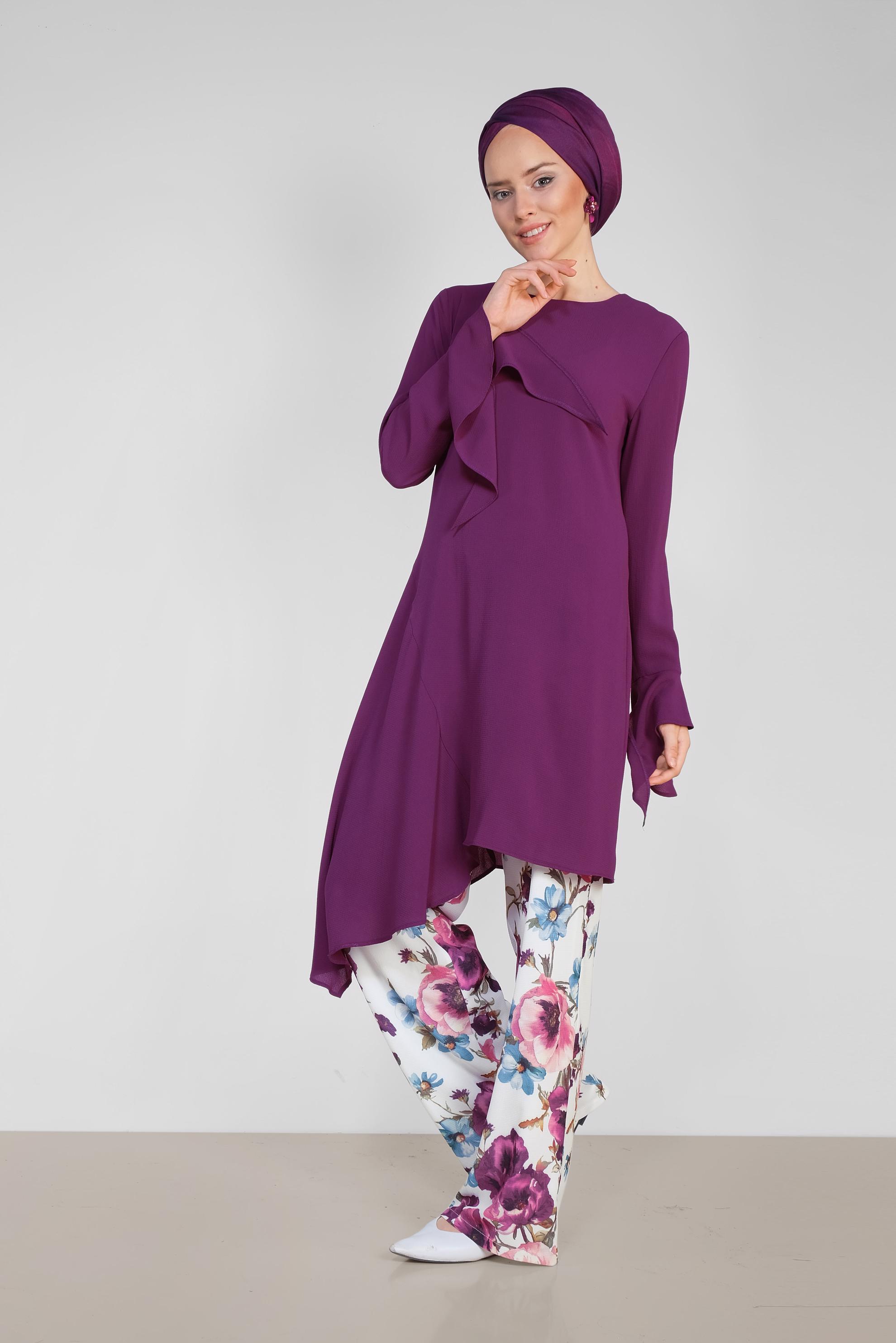 Tesettür giyim MÜRDÜM RAHAT KESİM ÇİÇEK DESENLİ PANTOLONLU TAKIM 4293