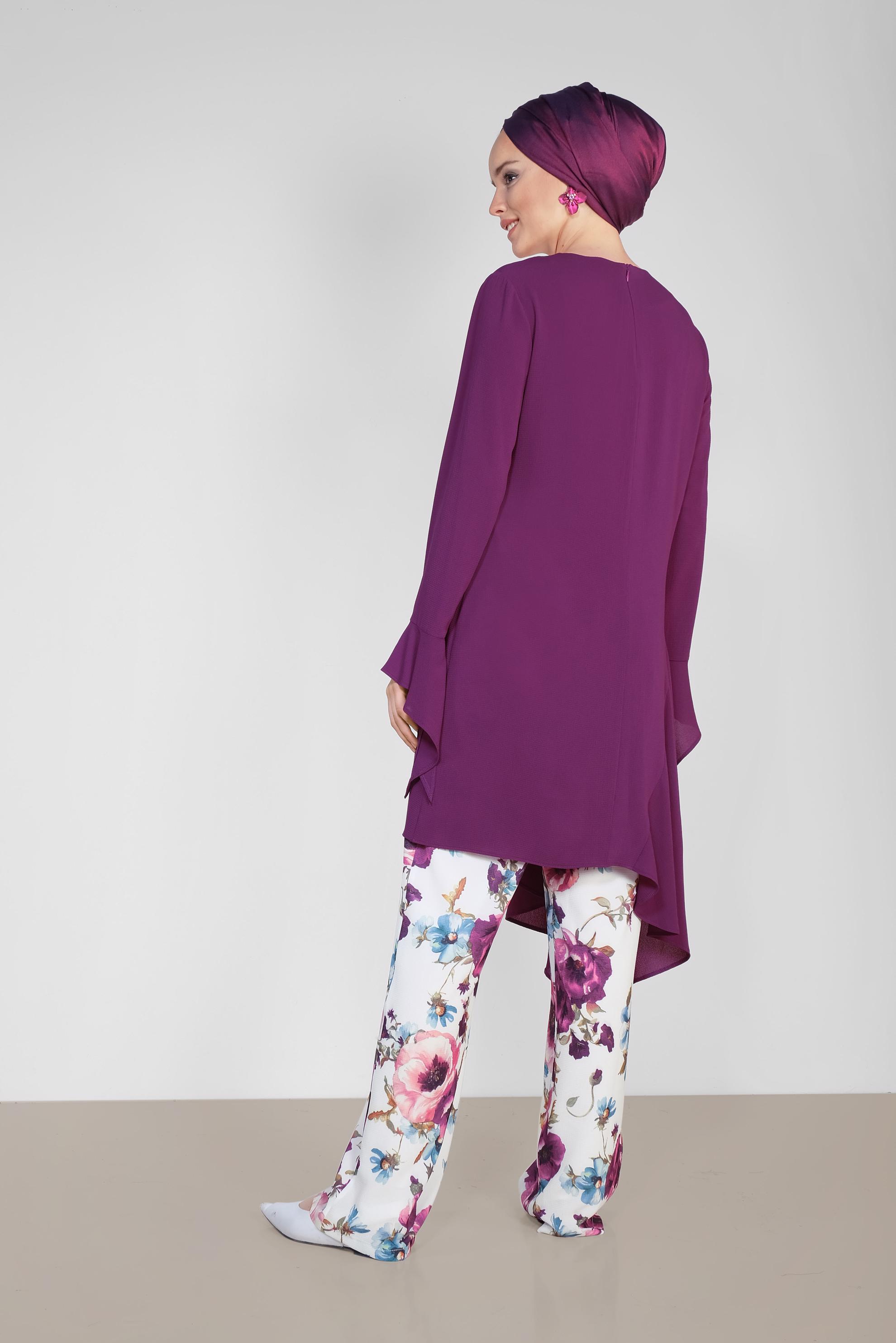 Tesettür giyim MÜRDÜM RAHAT KESİM ÇİÇEK DESENLİ PANTOLONLU TAKIM 4293