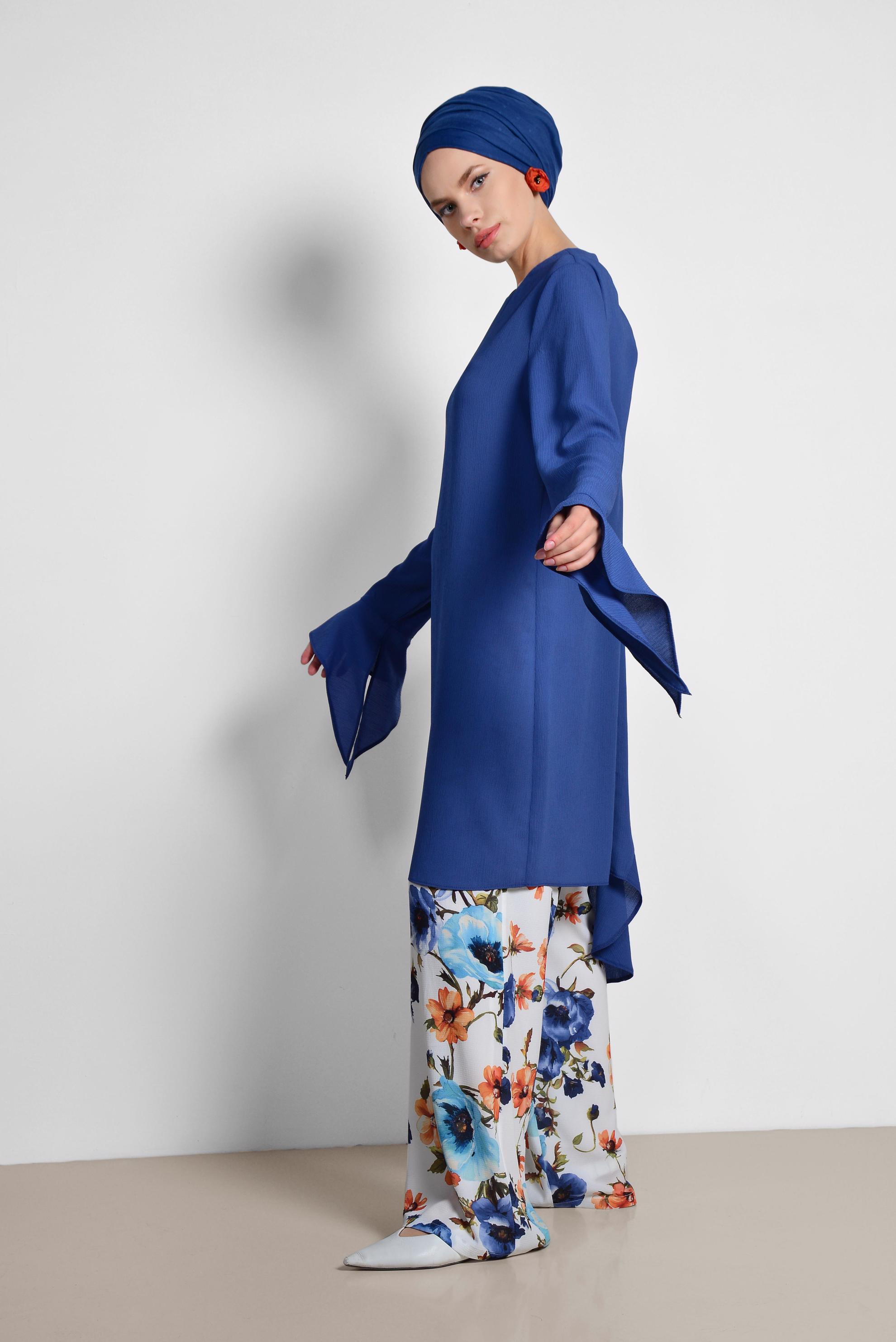 Tesettür giyim LACİVERT RAHAT KESİM ÇİÇEK DESENLİ PANTOLONLU TAKIM 4293