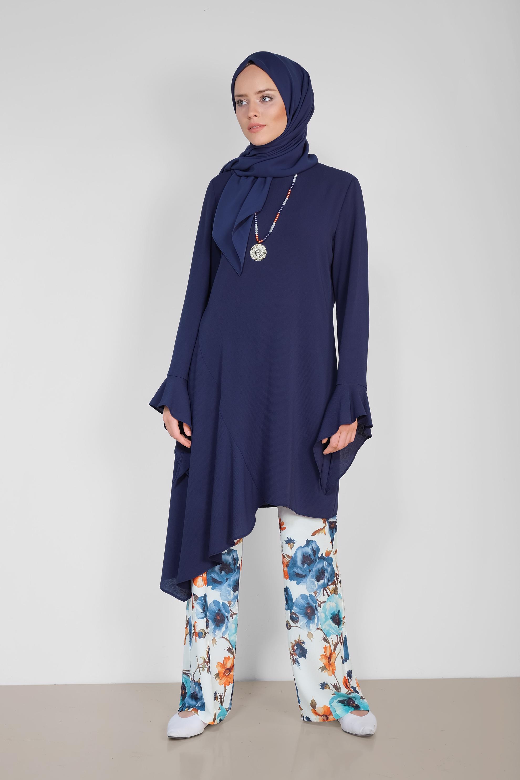 Tesettür giyim MAVİ RAHAT KESİM ÇİÇEK DESENLİ PANTOLONLU TAKIM 4293