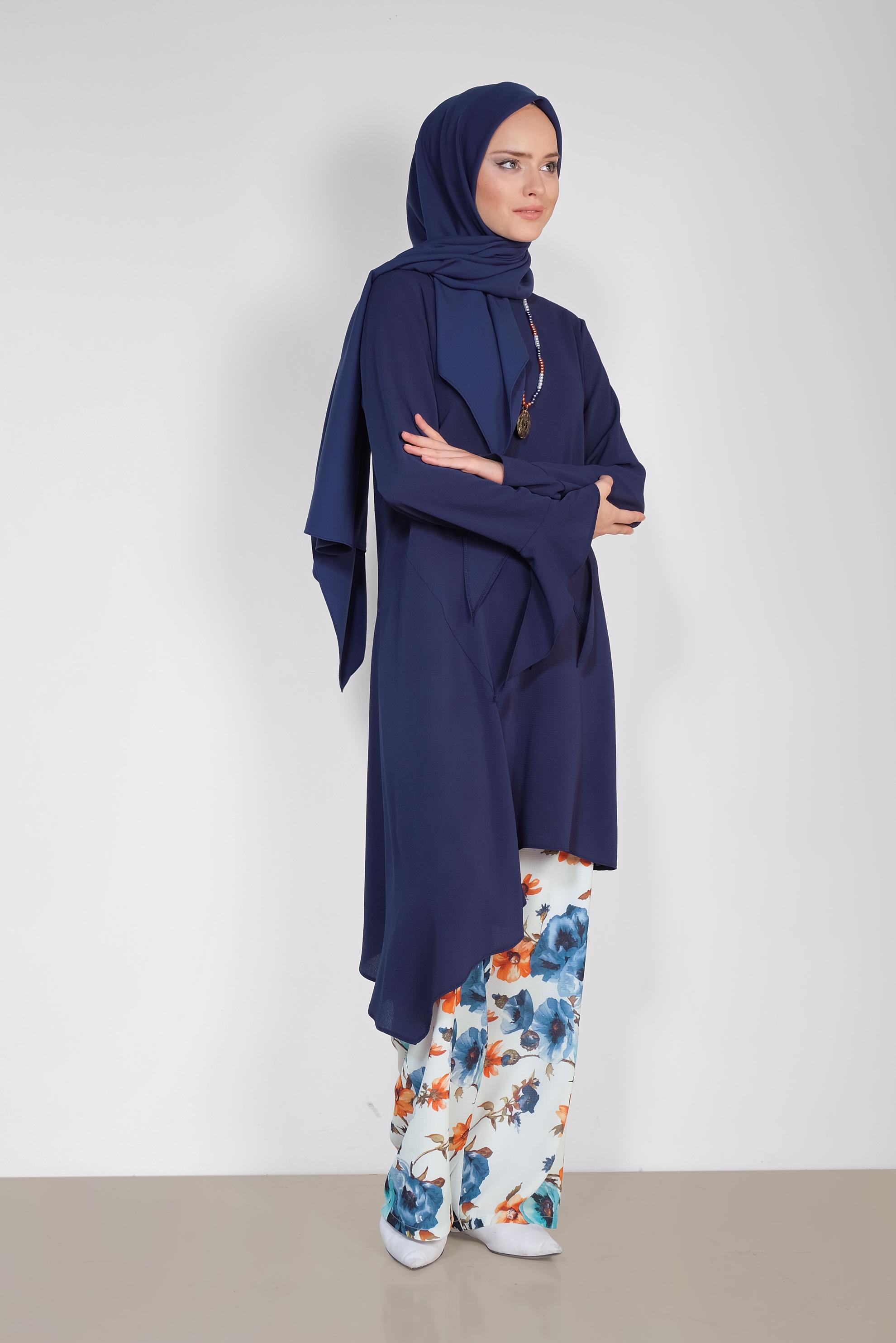 Tesettür giyim MAVİ RAHAT KESİM ÇİÇEK DESENLİ PANTOLONLU TAKIM 4293