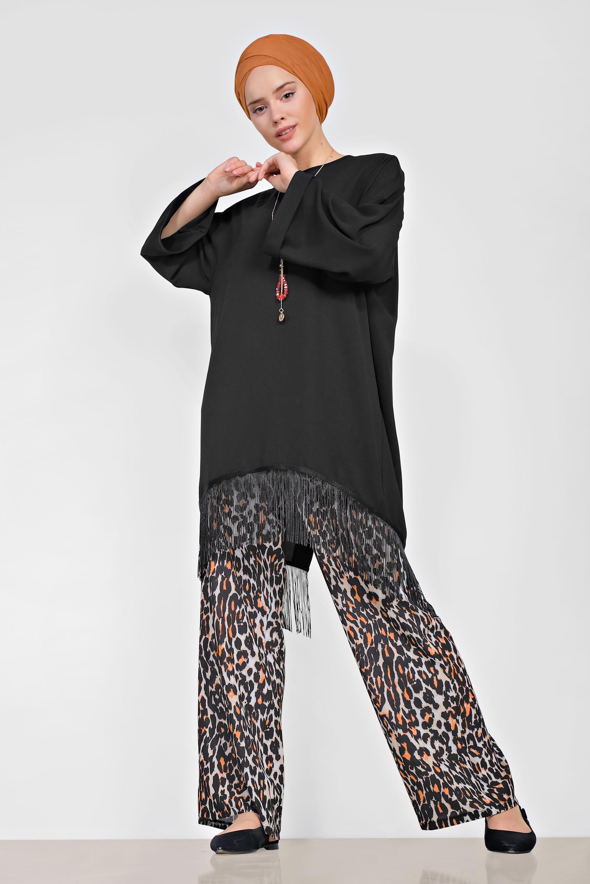 Tesettür giyim TURUNCU PÜSKÜLLÜ PANTOLONLU TAKIM 4296