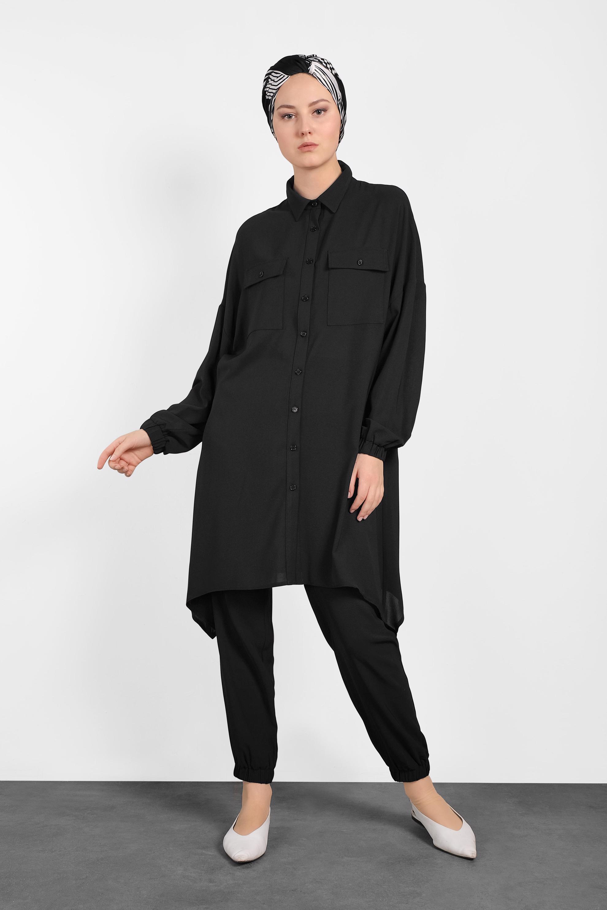 Tesettür giyim SİYAH PAÇALARI LASTİKLİ ASİMETRİK KESİM PANTOLONLU TAKIM 4320