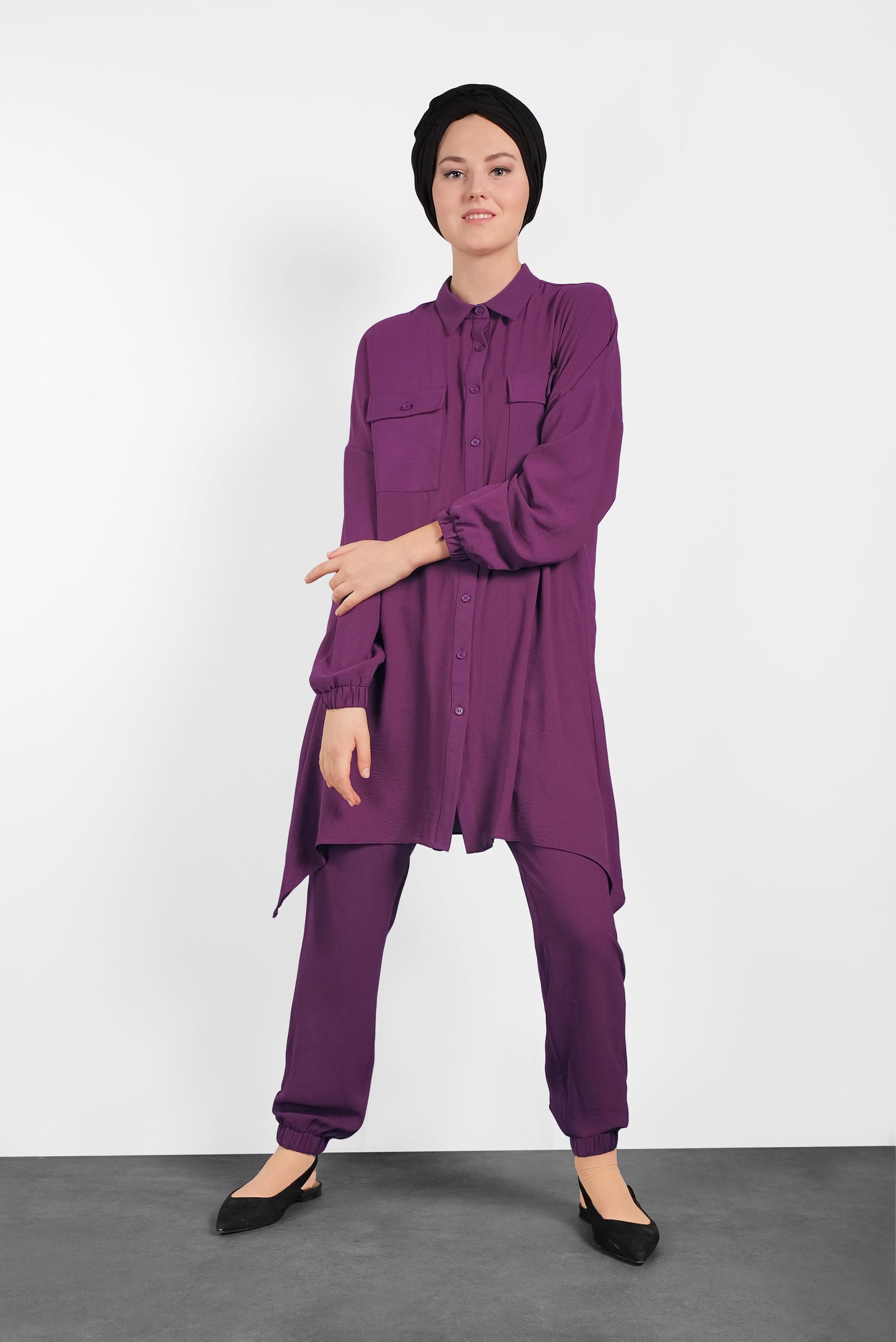 Tesettür giyim MOR PAÇALARI LASTİKLİ ASİMETRİK KESİM PANTOLONLU TAKIM 4320