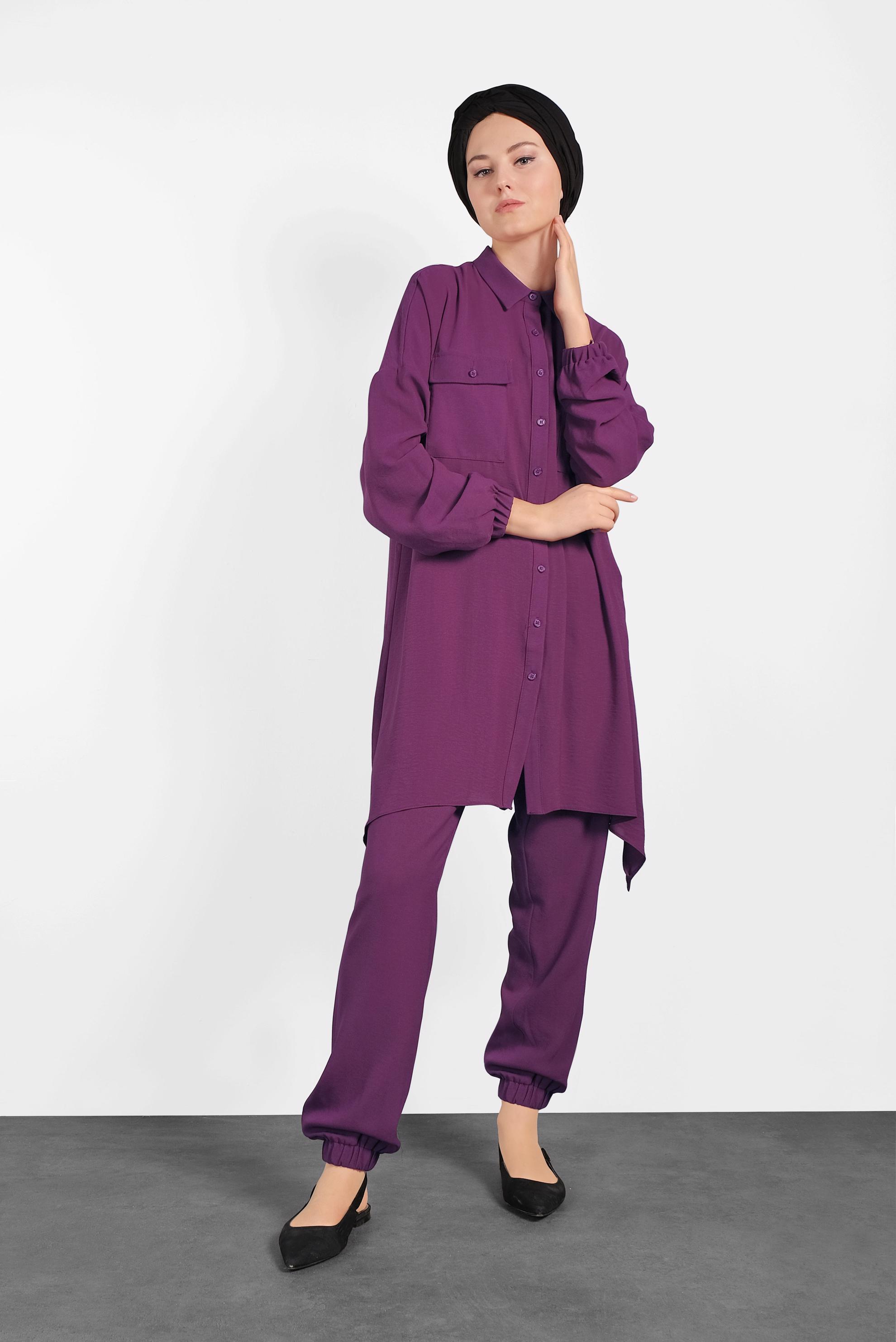 Tesettür giyim MOR PAÇALARI LASTİKLİ ASİMETRİK KESİM PANTOLONLU TAKIM 4320