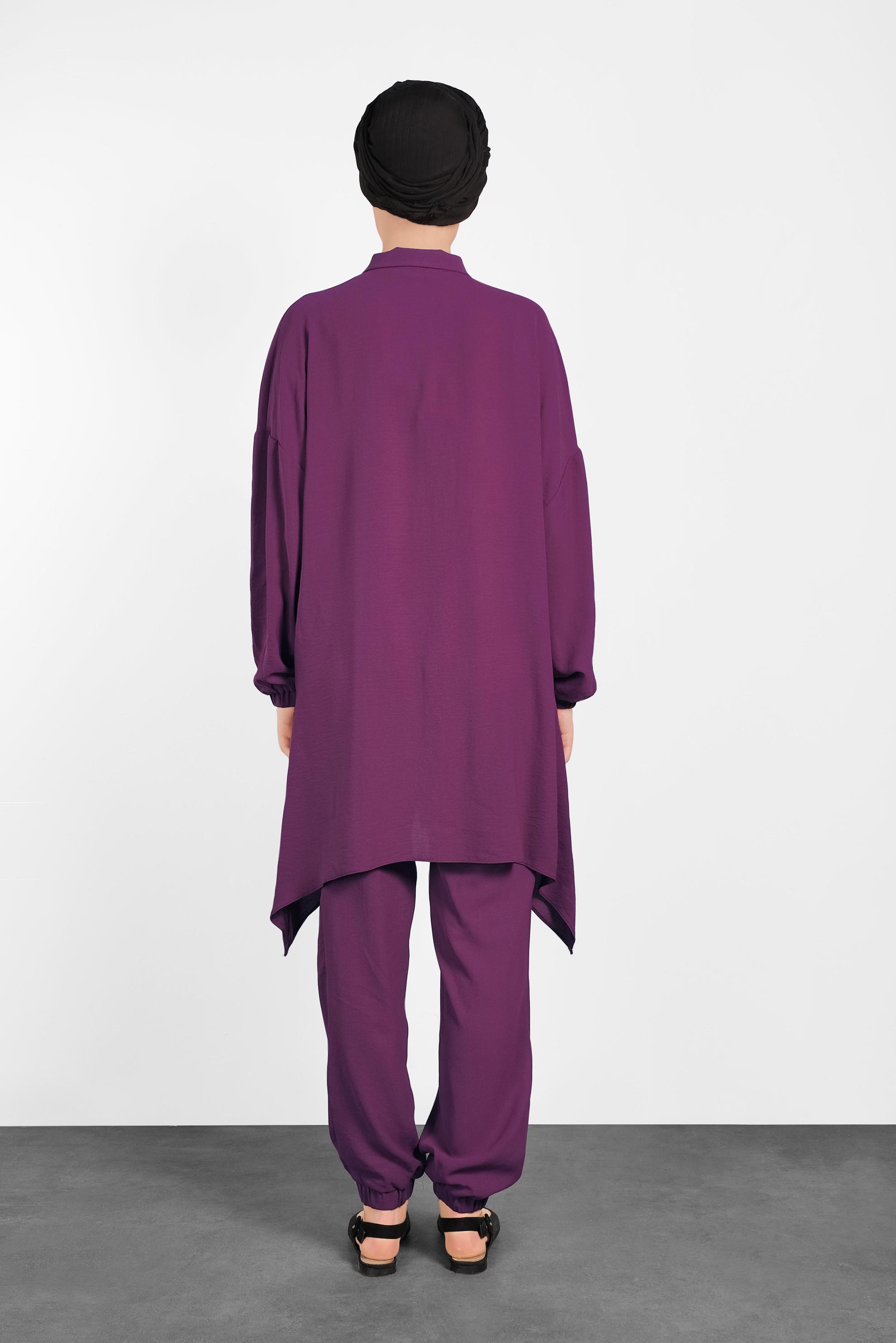 Tesettür giyim MOR PAÇALARI LASTİKLİ ASİMETRİK KESİM PANTOLONLU TAKIM 4320
