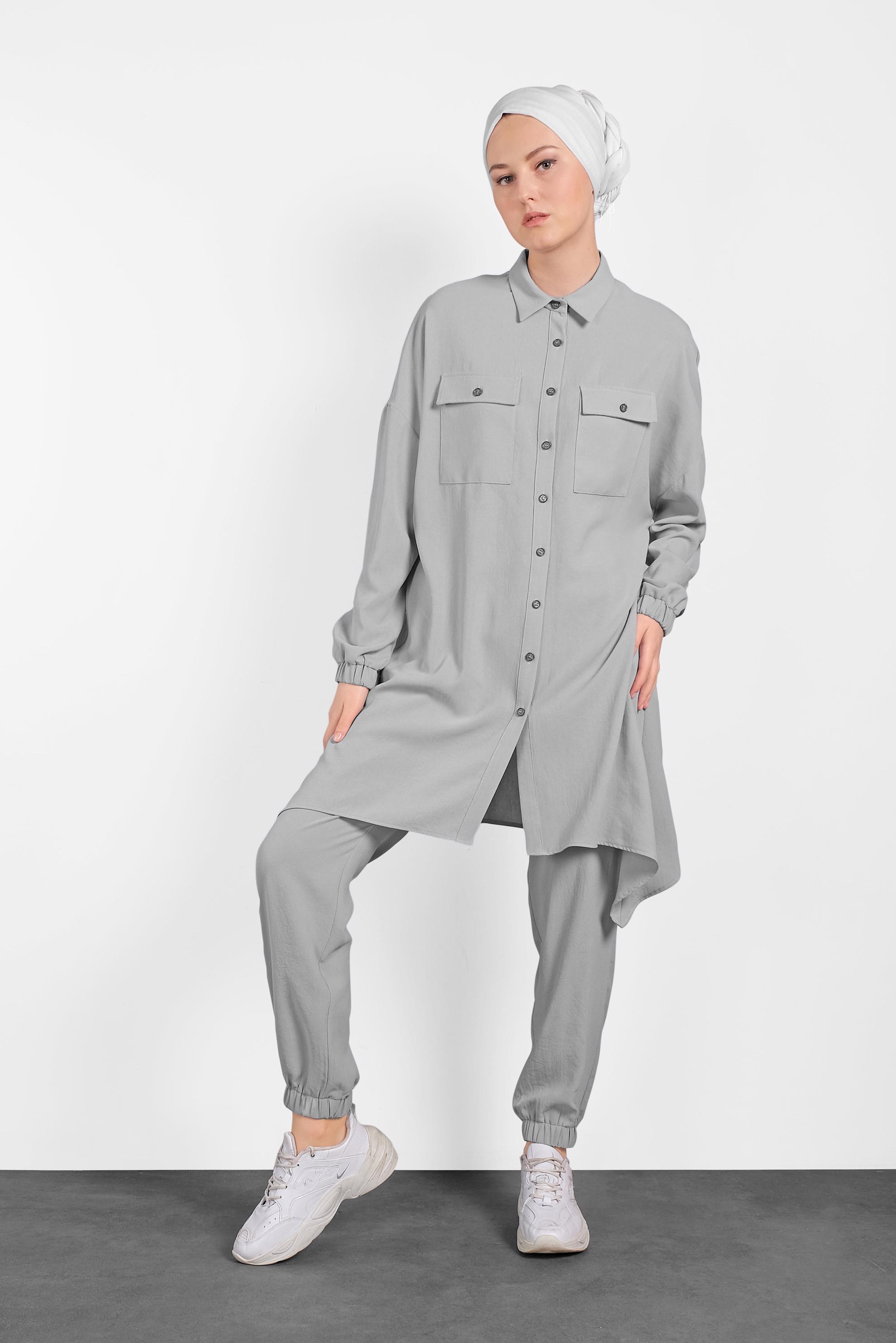 Tesettür giyim GRİ PAÇALARI LASTİKLİ ASİMETRİK KESİM PANTOLONLU TAKIM 4320