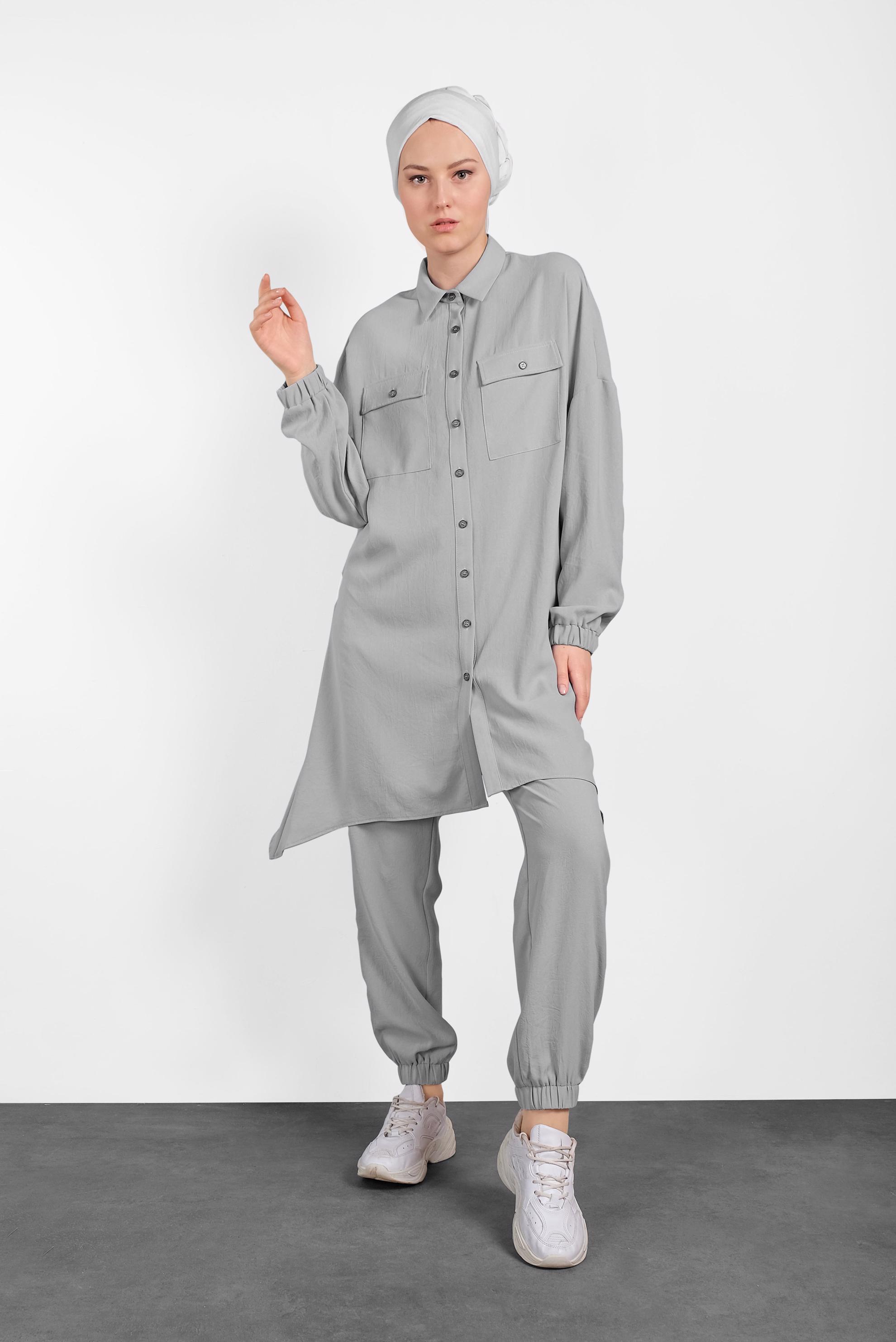 Tesettür giyim GRİ PAÇALARI LASTİKLİ ASİMETRİK KESİM PANTOLONLU TAKIM 4320