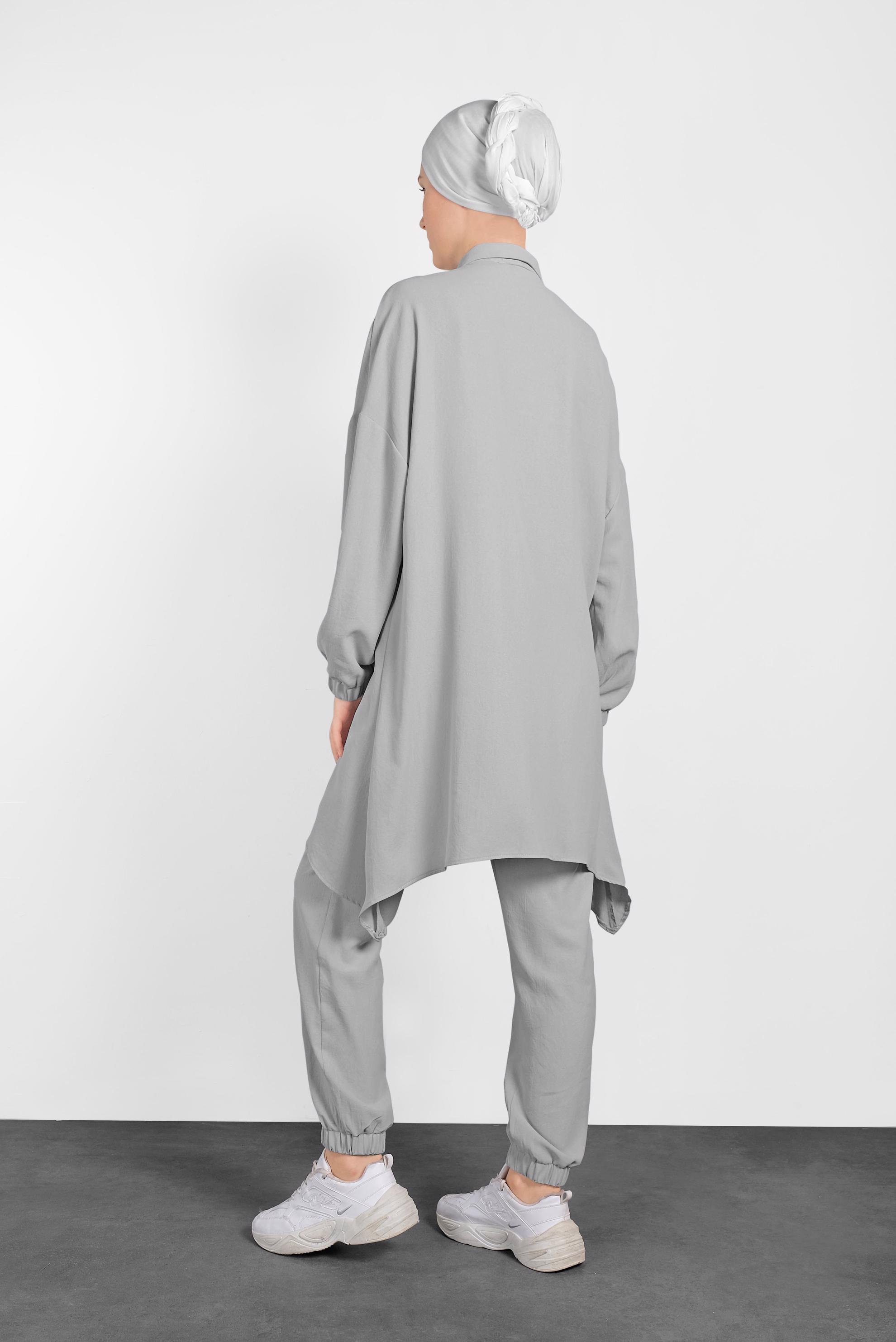 Tesettür giyim GRİ PAÇALARI LASTİKLİ ASİMETRİK KESİM PANTOLONLU TAKIM 4320