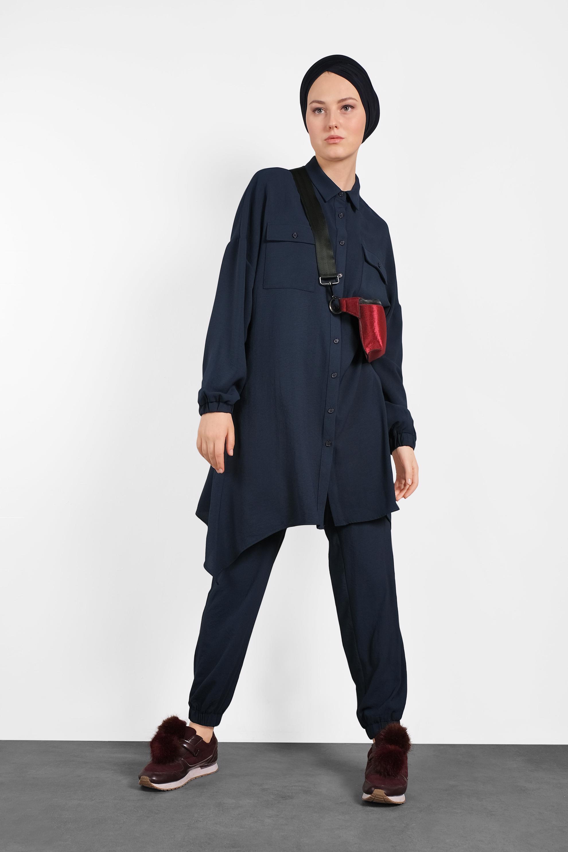 Tesettür giyim LACİVERT PAÇALARI LASTİKLİ ASİMETRİK KESİM PANTOLONLU TAKIM 4320