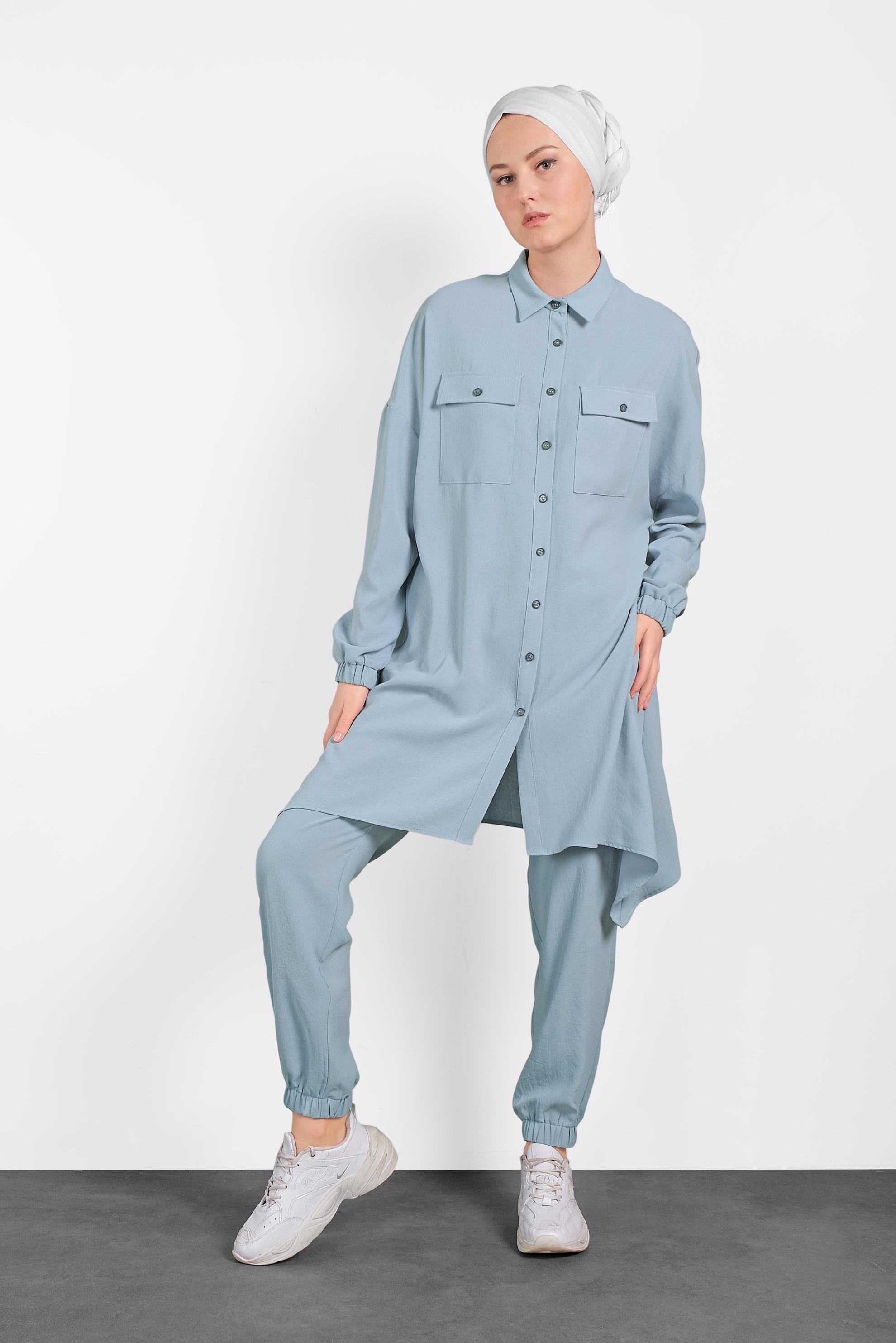 Tesettür giyim MAVİ PAÇALARI LASTİKLİ ASİMETRİK KESİM PANTOLONLU TAKIM 4320