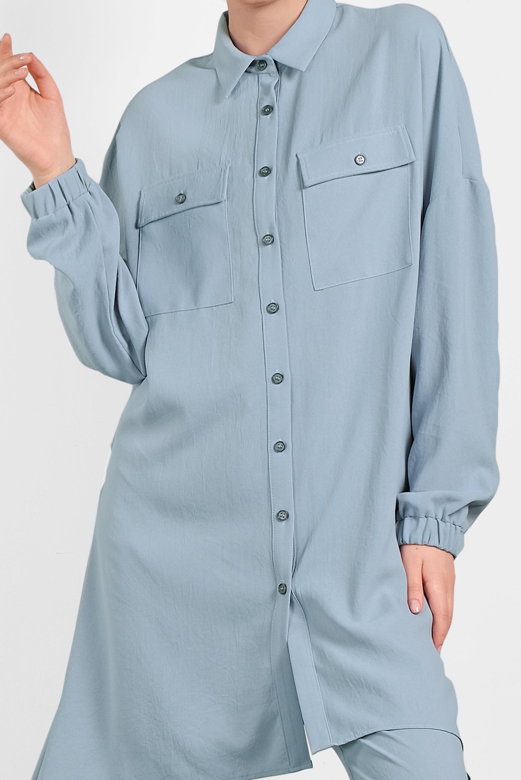 Tesettür giyim MAVİ PAÇALARI LASTİKLİ ASİMETRİK KESİM PANTOLONLU TAKIM 4320