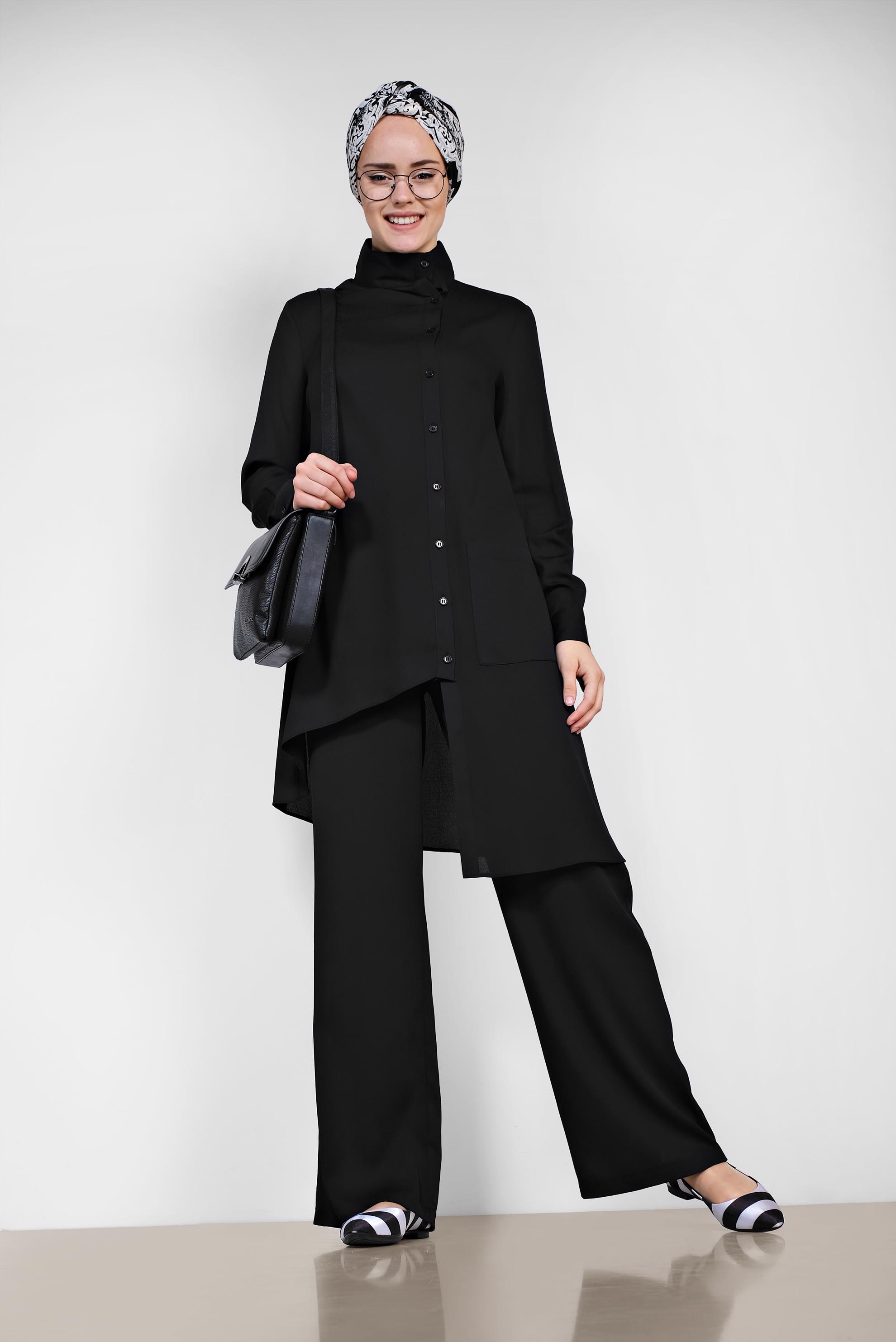 Tesettür giyim SİYAH DÜĞMELİ ASİMETRİK KESİM PANTOLONLU TAKIM 4327