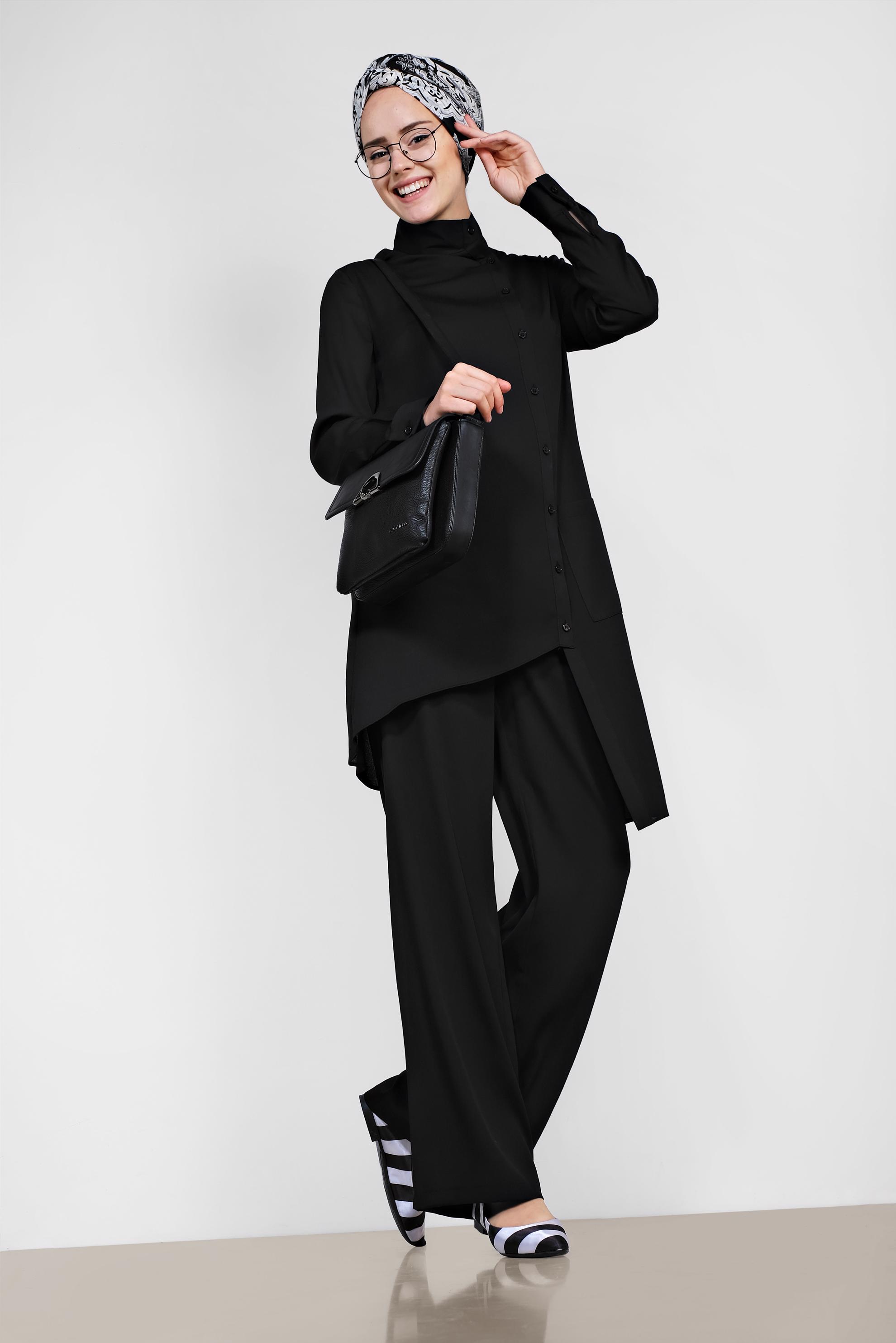 Tesettür giyim SİYAH DÜĞMELİ ASİMETRİK KESİM PANTOLONLU TAKIM 4327