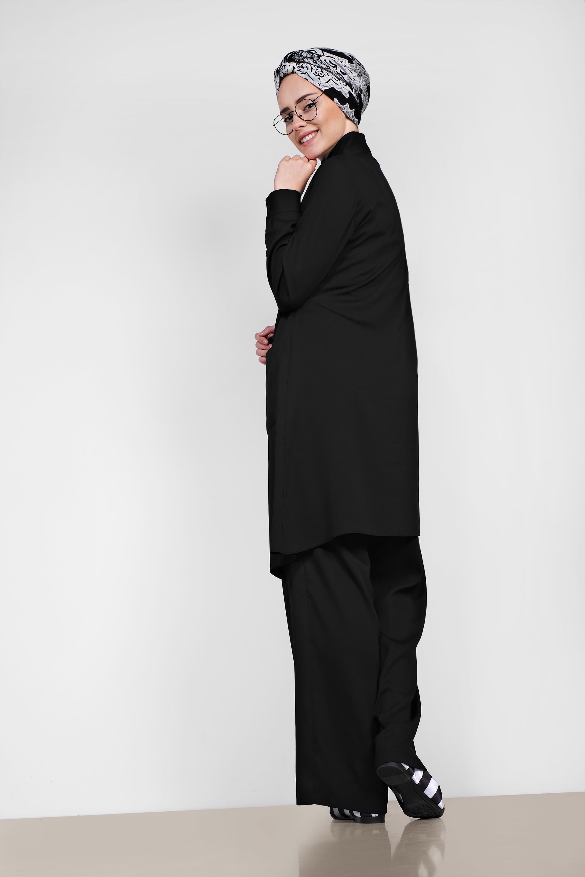 Tesettür giyim SİYAH DÜĞMELİ ASİMETRİK KESİM PANTOLONLU TAKIM 4327