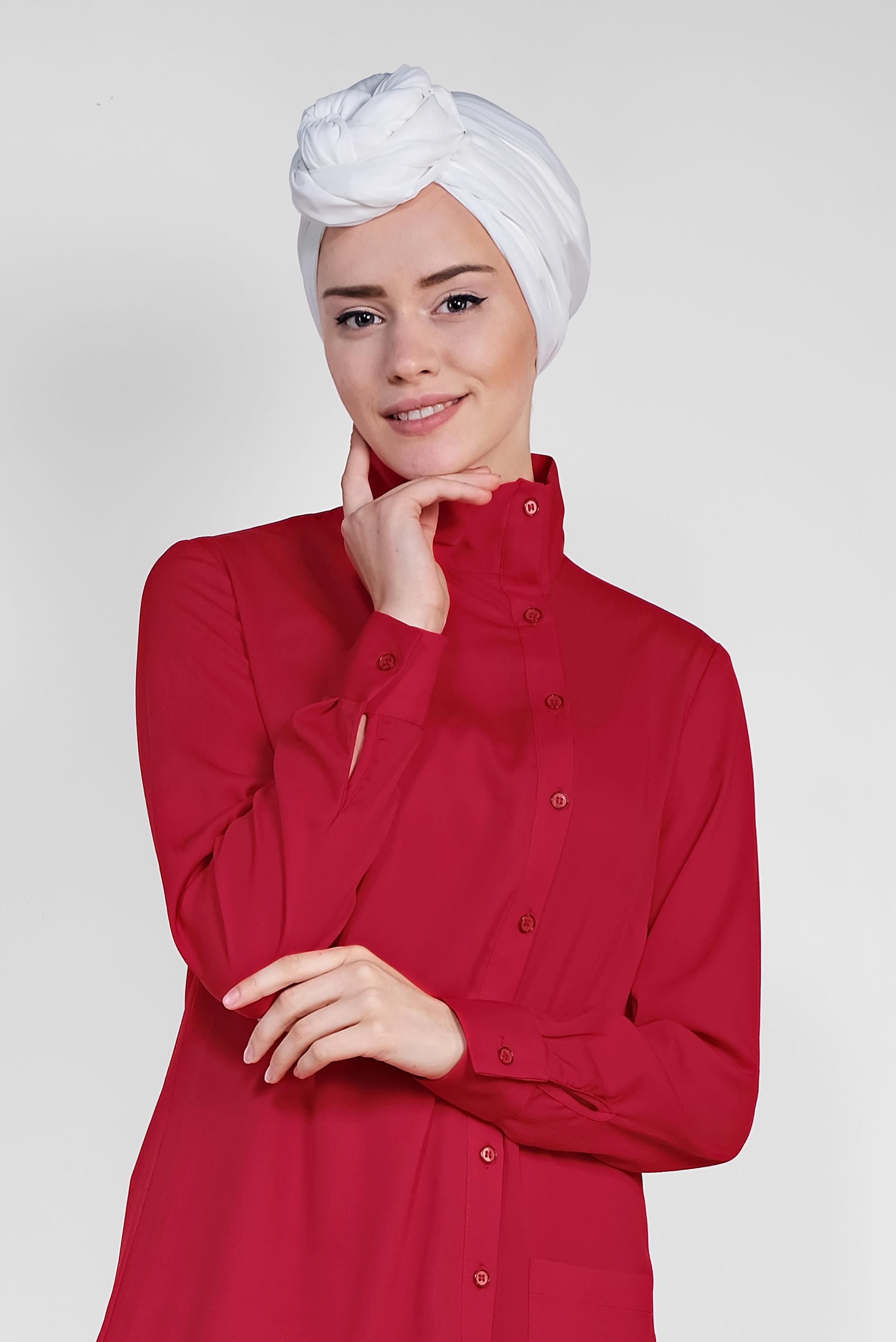 Tesettür giyim KIRMIZI DÜĞMELİ ASİMETRİK KESİM PANTOLONLU TAKIM 4327