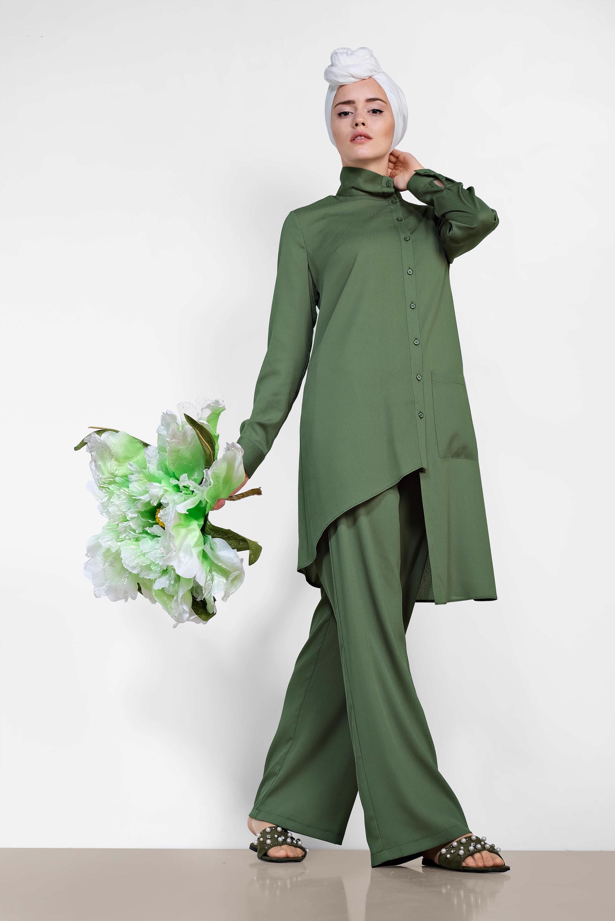 Tesettür giyim HAKİ DÜĞMELİ ASİMETRİK KESİM PANTOLONLU TAKIM 4327