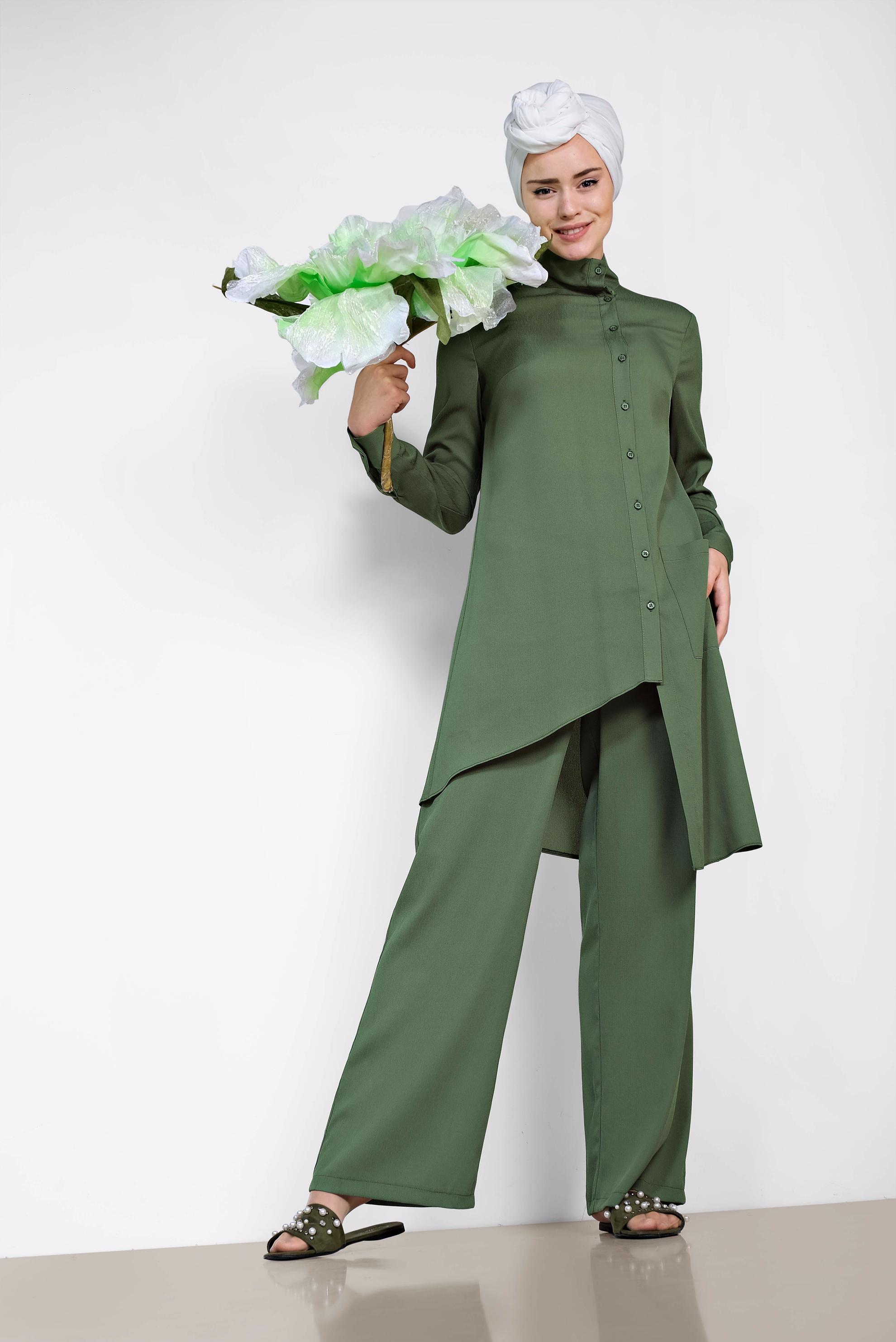 Tesettür giyim HAKİ DÜĞMELİ ASİMETRİK KESİM PANTOLONLU TAKIM 4327