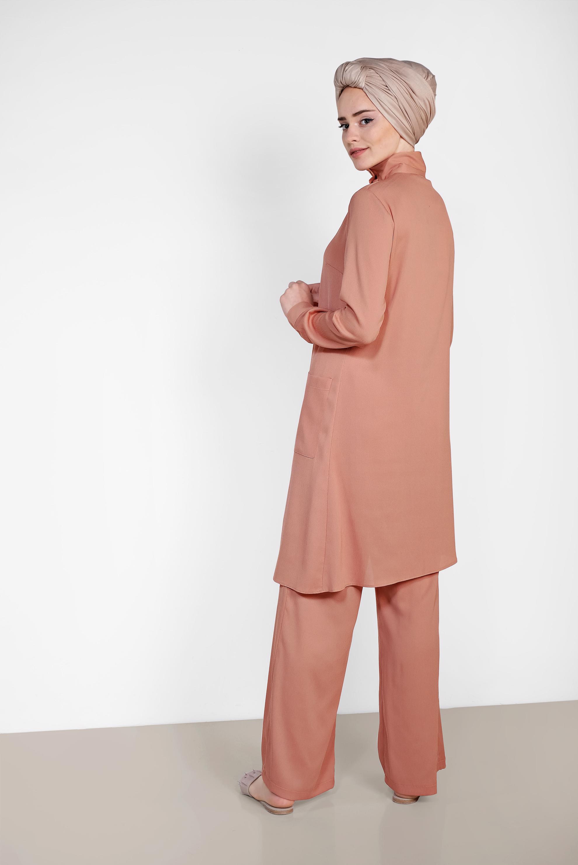 Tesettür giyim KAHVE DÜĞMELİ ASİMETRİK KESİM PANTOLONLU TAKIM 4327