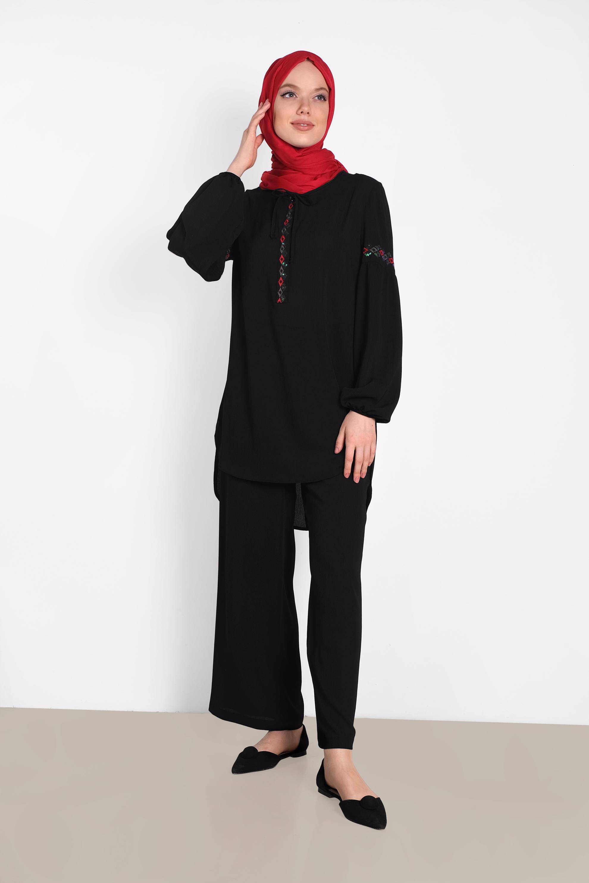 Tesettür giyim SİYAH NAKIŞLI İKİLİ PANTOLONLU TAKIM 4374