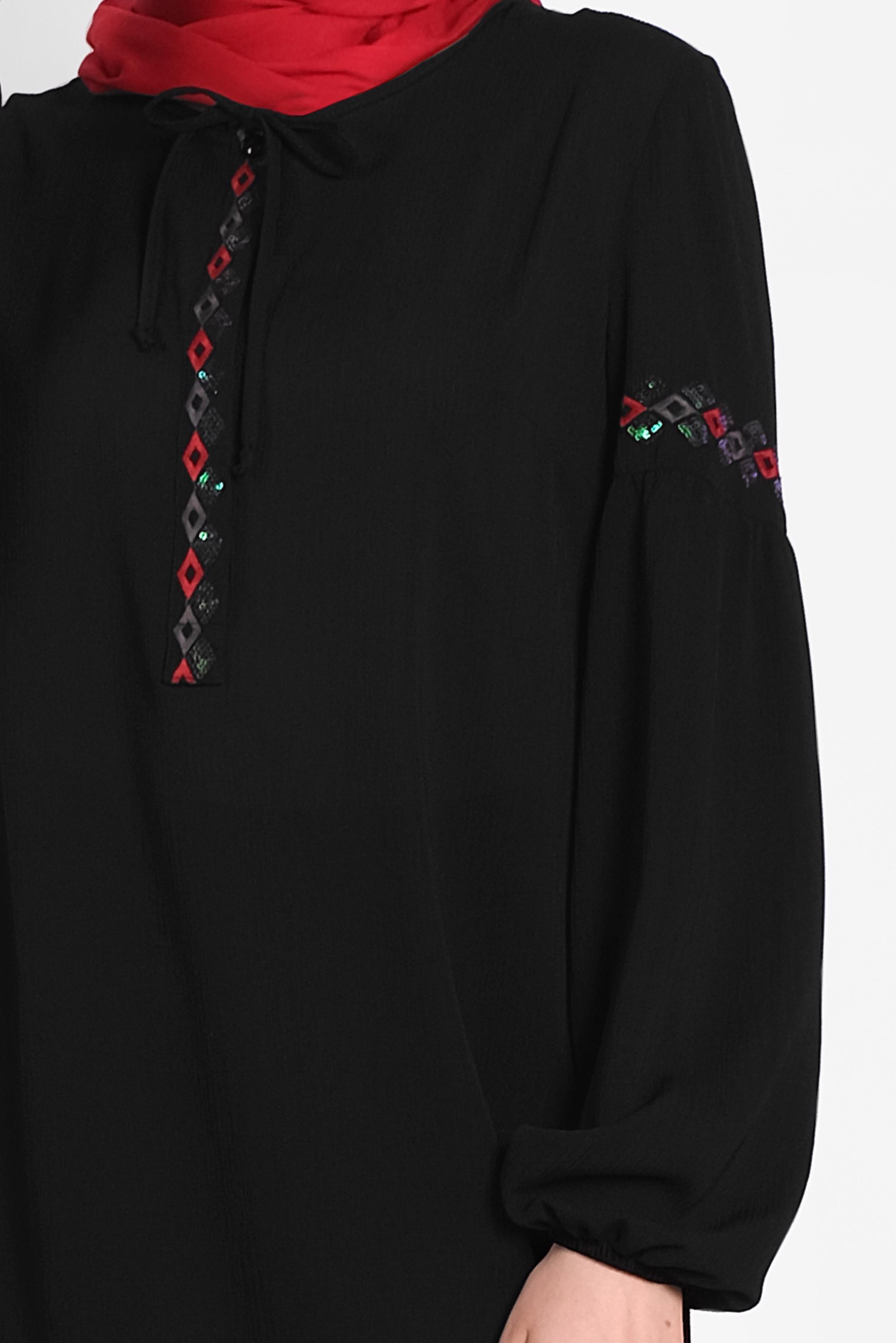 Tesettür giyim SİYAH NAKIŞLI İKİLİ PANTOLONLU TAKIM 4374