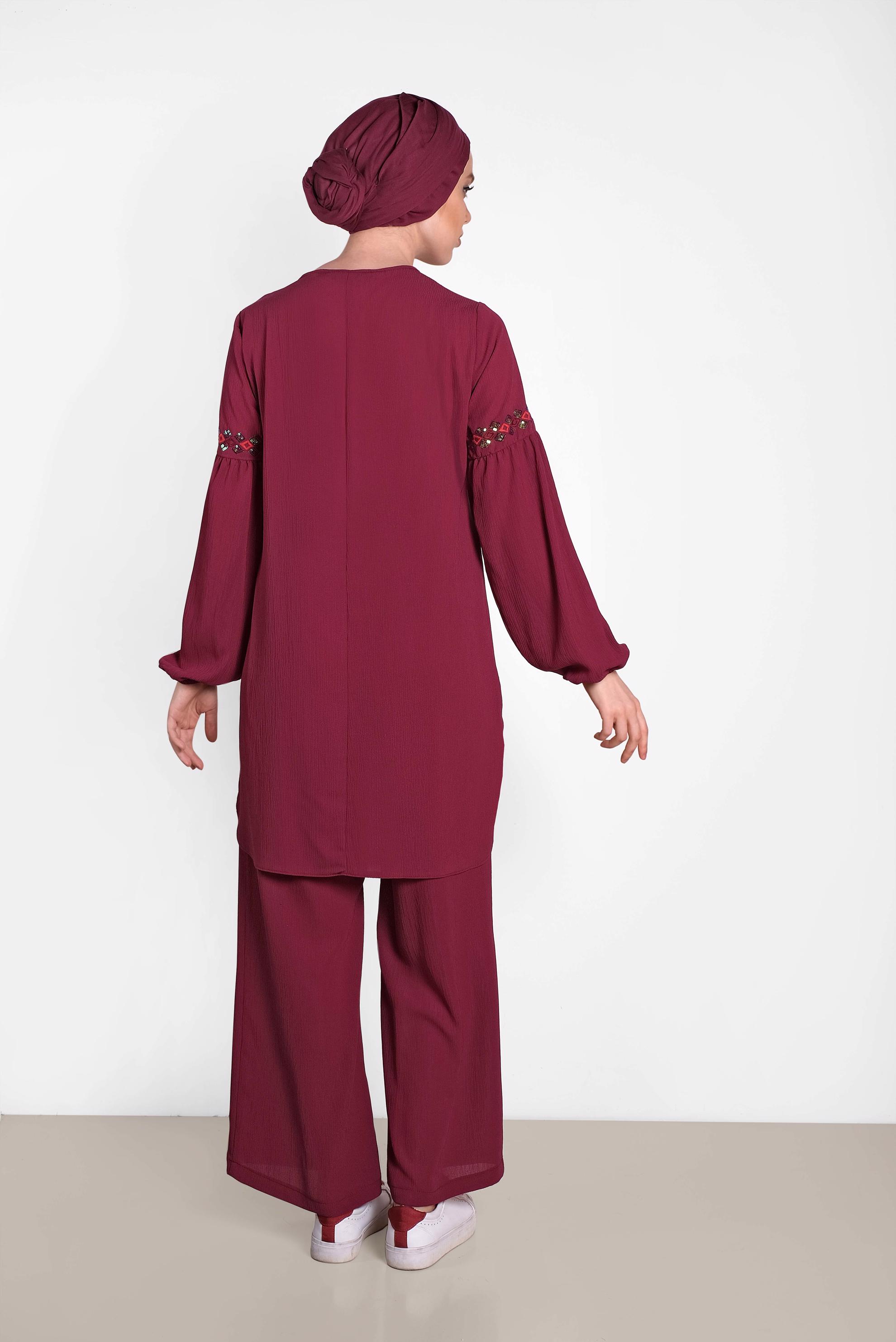 Tesettür giyim BORDO NAKIŞLI İKİLİ PANTOLONLU TAKIM 4374