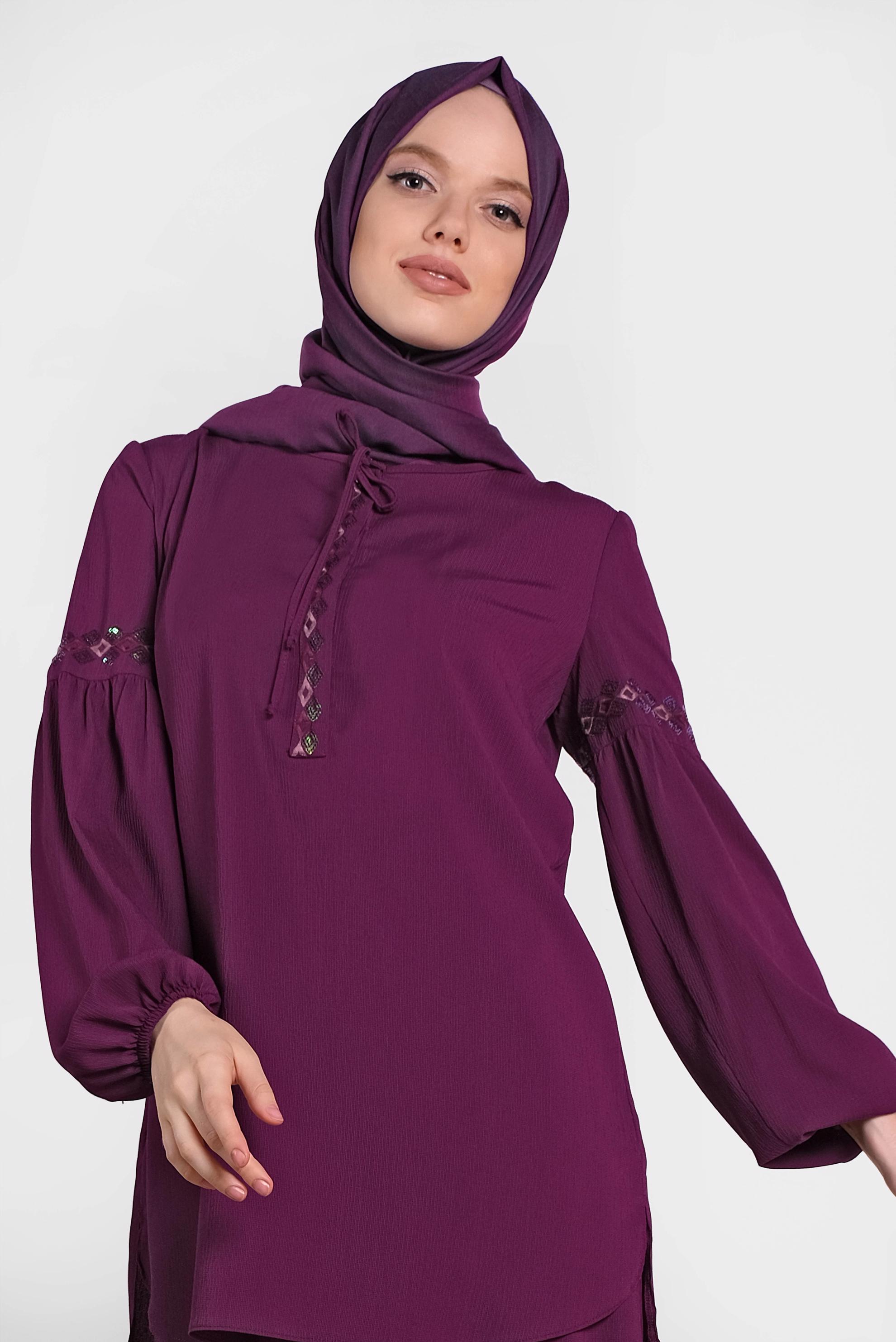 Tesettür giyim MOR NAKIŞLI İKİLİ PANTOLONLU TAKIM 4374