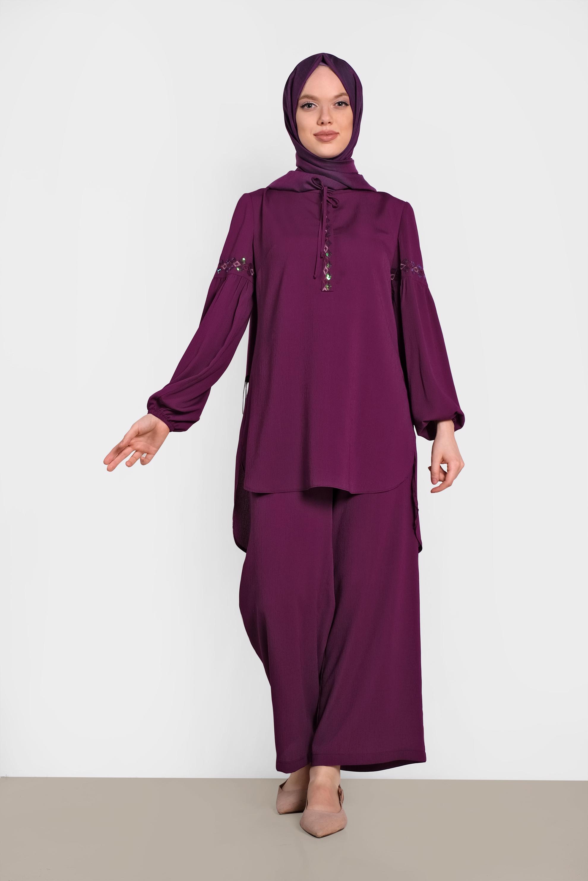 Tesettür giyim MOR NAKIŞLI İKİLİ PANTOLONLU TAKIM 4374