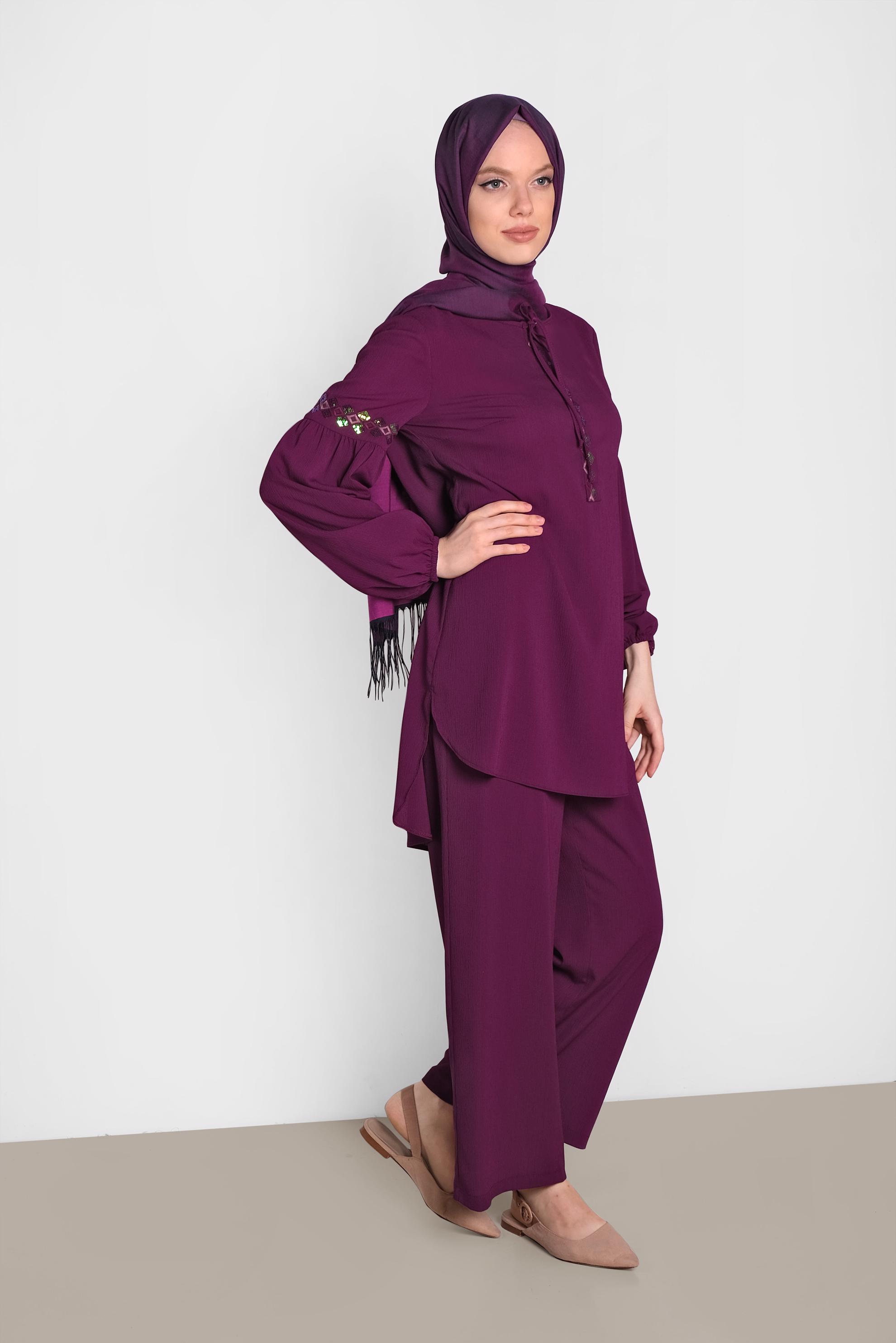 Tesettür giyim MOR NAKIŞLI İKİLİ PANTOLONLU TAKIM 4374