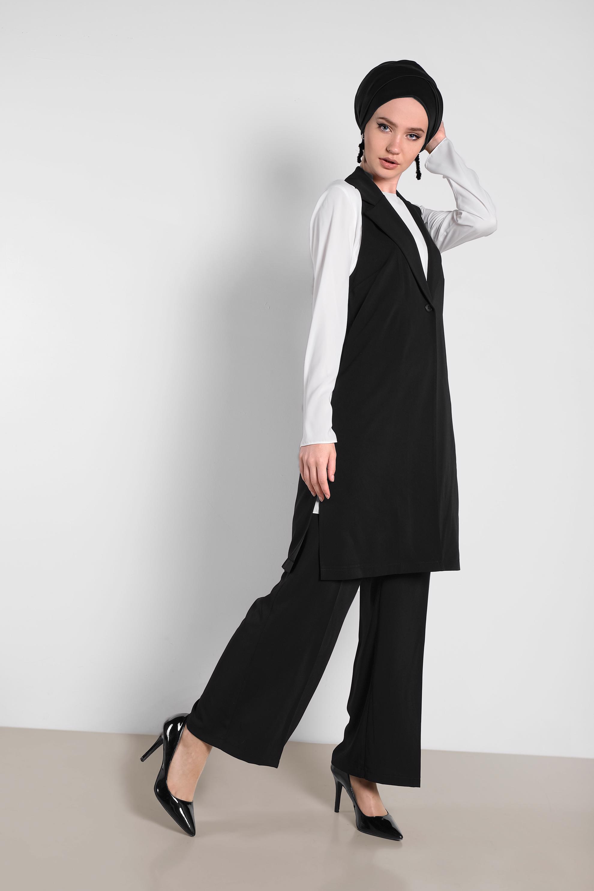 Tesettür giyim SİYAH SIRT DETAYLI DÜĞMELİ İKİLİ PANTOLONLU TAKIM 4445