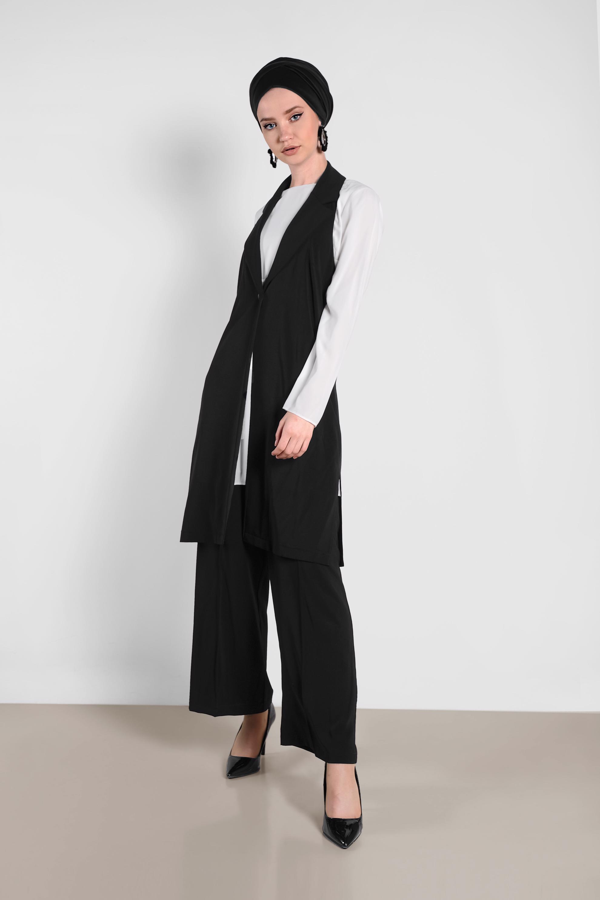 Tesettür giyim SİYAH SIRT DETAYLI DÜĞMELİ İKİLİ PANTOLONLU TAKIM 4445