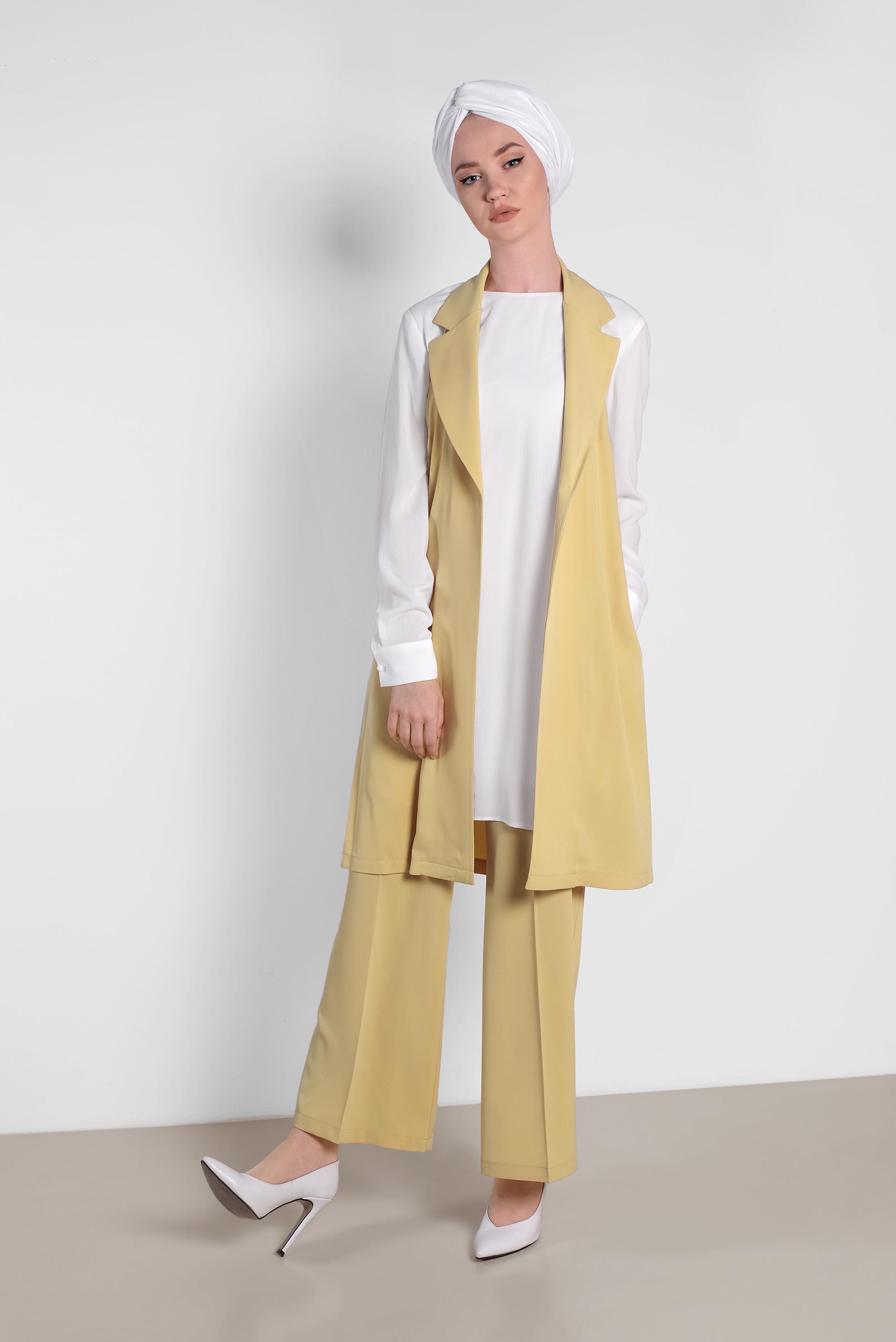 Tesettür giyim SARI SIRT DETAYLI DÜĞMELİ İKİLİ PANTOLONLU TAKIM 4445