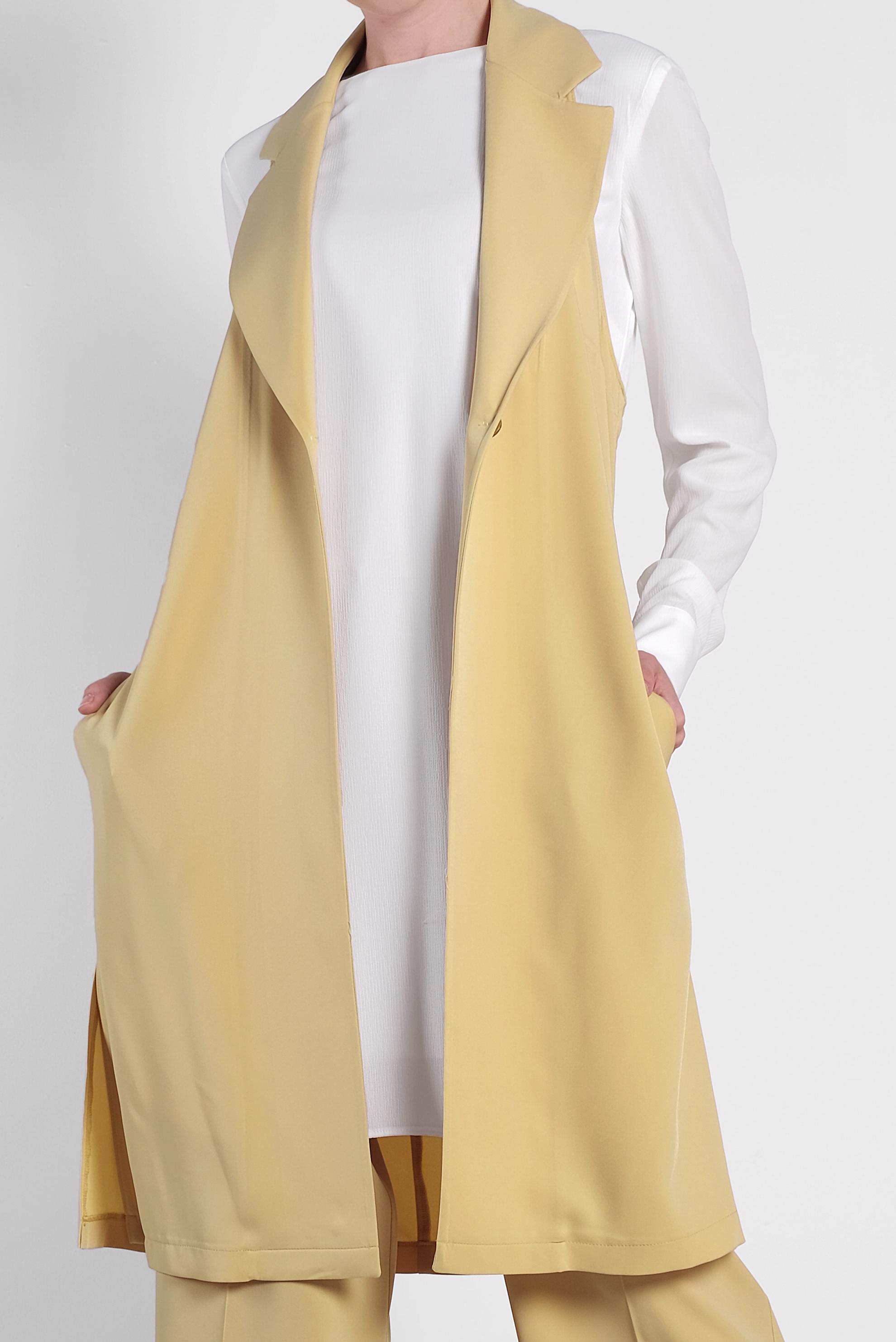 Tesettür giyim SARI SIRT DETAYLI DÜĞMELİ İKİLİ PANTOLONLU TAKIM 4445