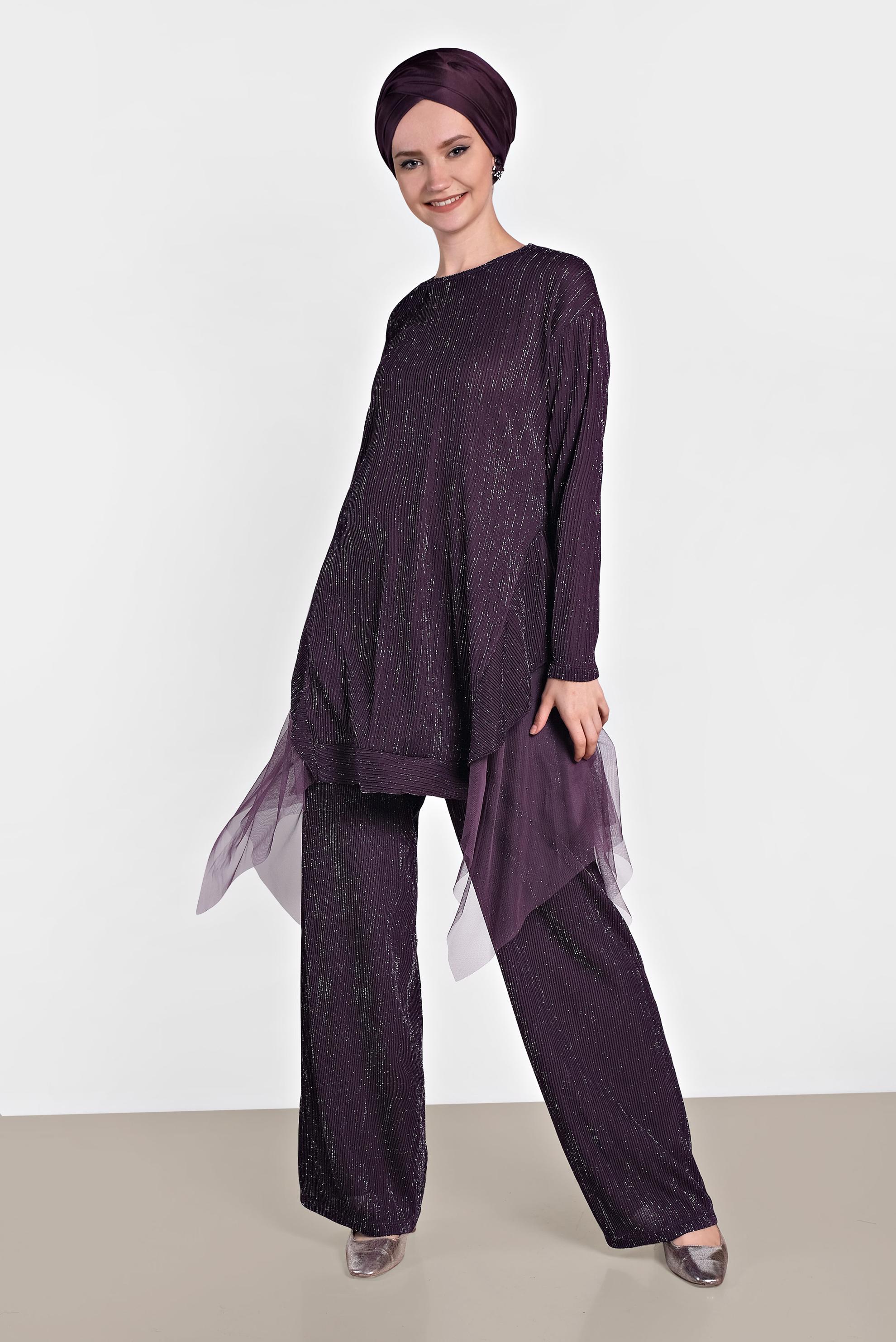 Tesettür giyim MOR TÜL DETAYLI SALAŞ İKİLİ PANTOLONLU TAKIM 4447