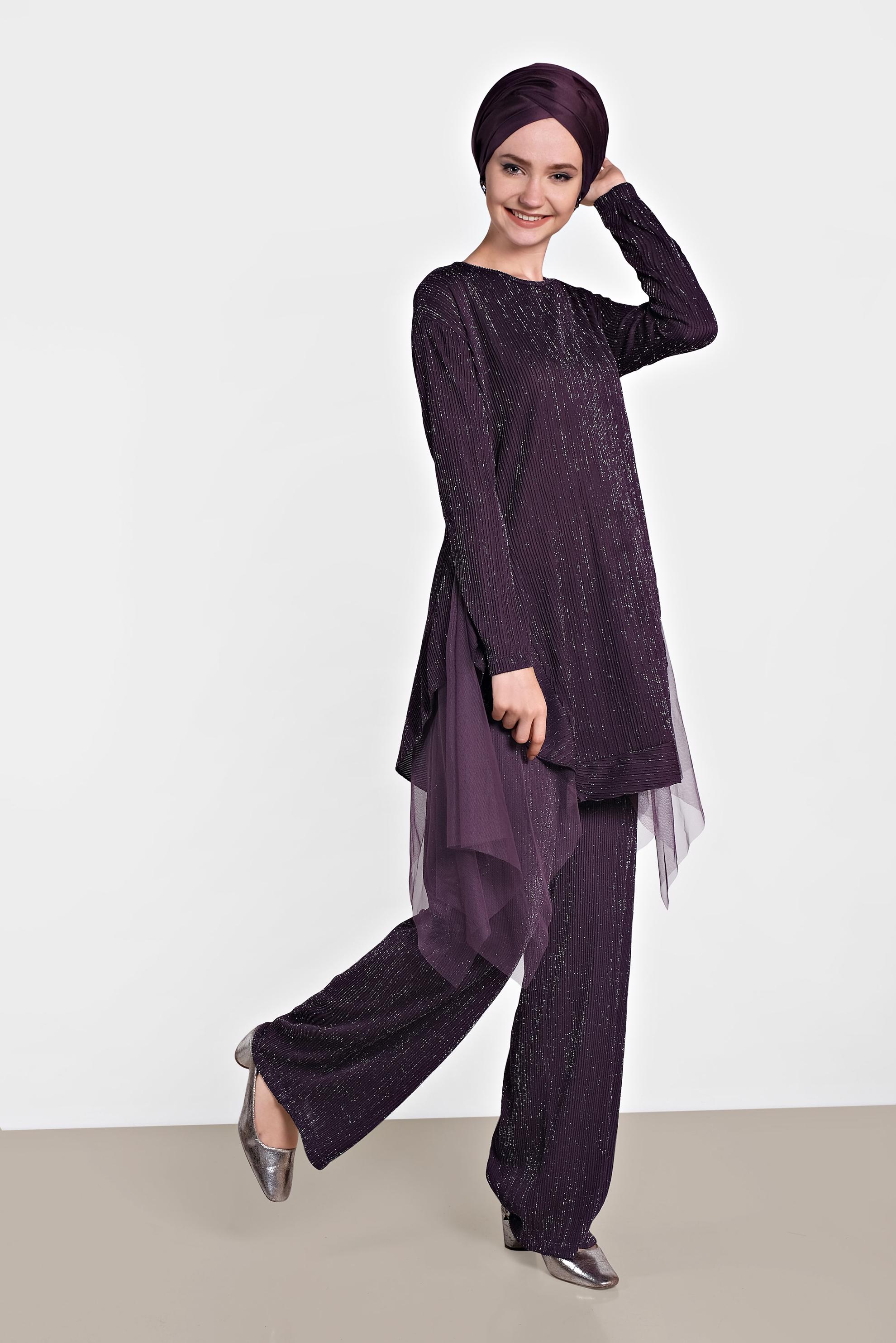 Tesettür giyim MOR TÜL DETAYLI SALAŞ İKİLİ PANTOLONLU TAKIM 4447