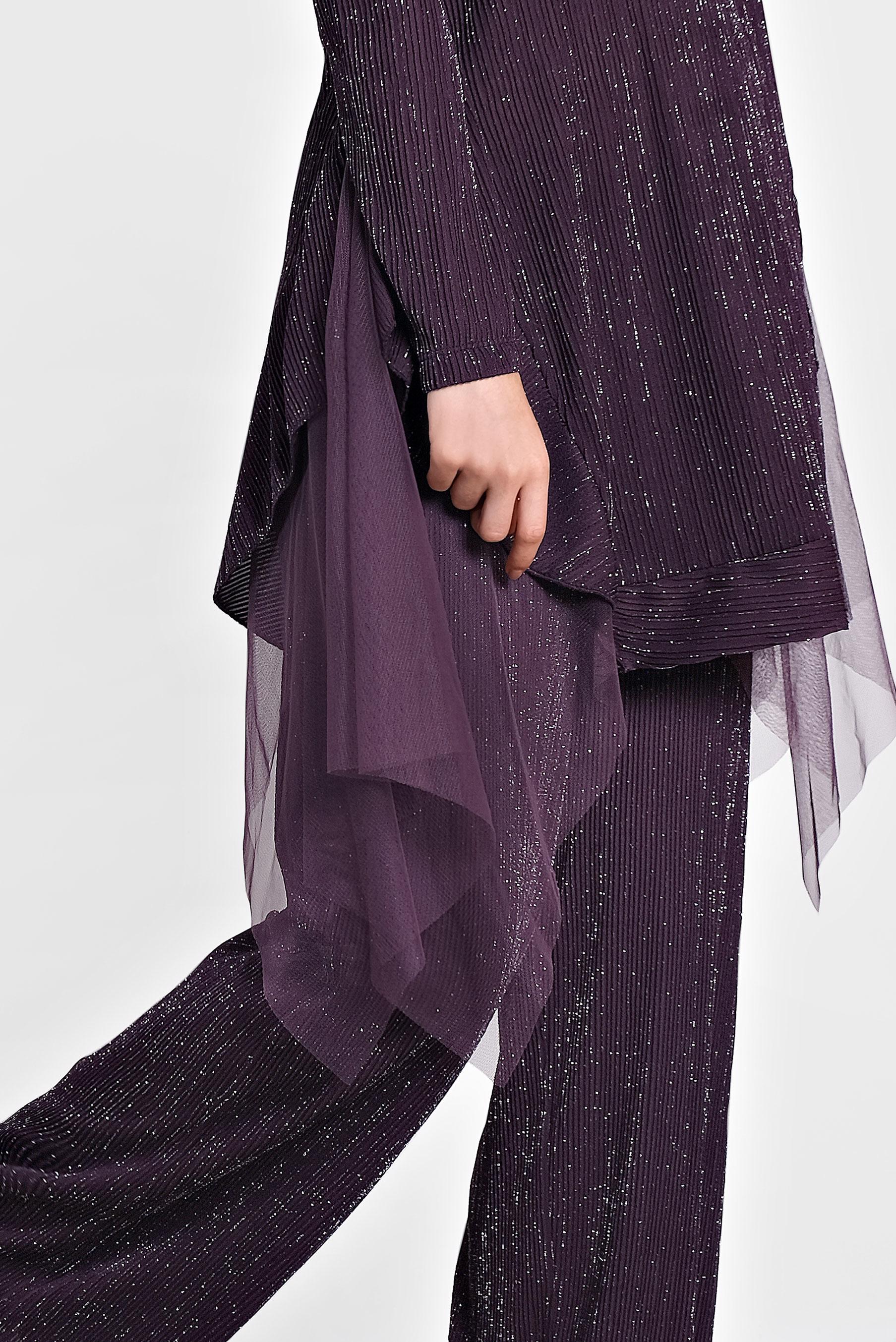 Tesettür giyim MOR TÜL DETAYLI SALAŞ İKİLİ PANTOLONLU TAKIM 4447