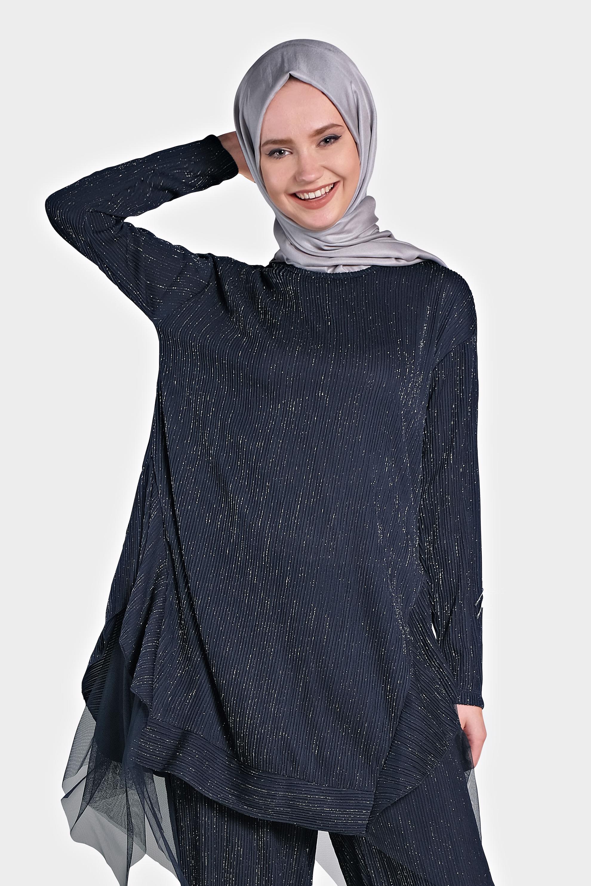 Tesettür giyim LACİVERT TÜL DETAYLI SALAŞ İKİLİ PANTOLONLU TAKIM 4447