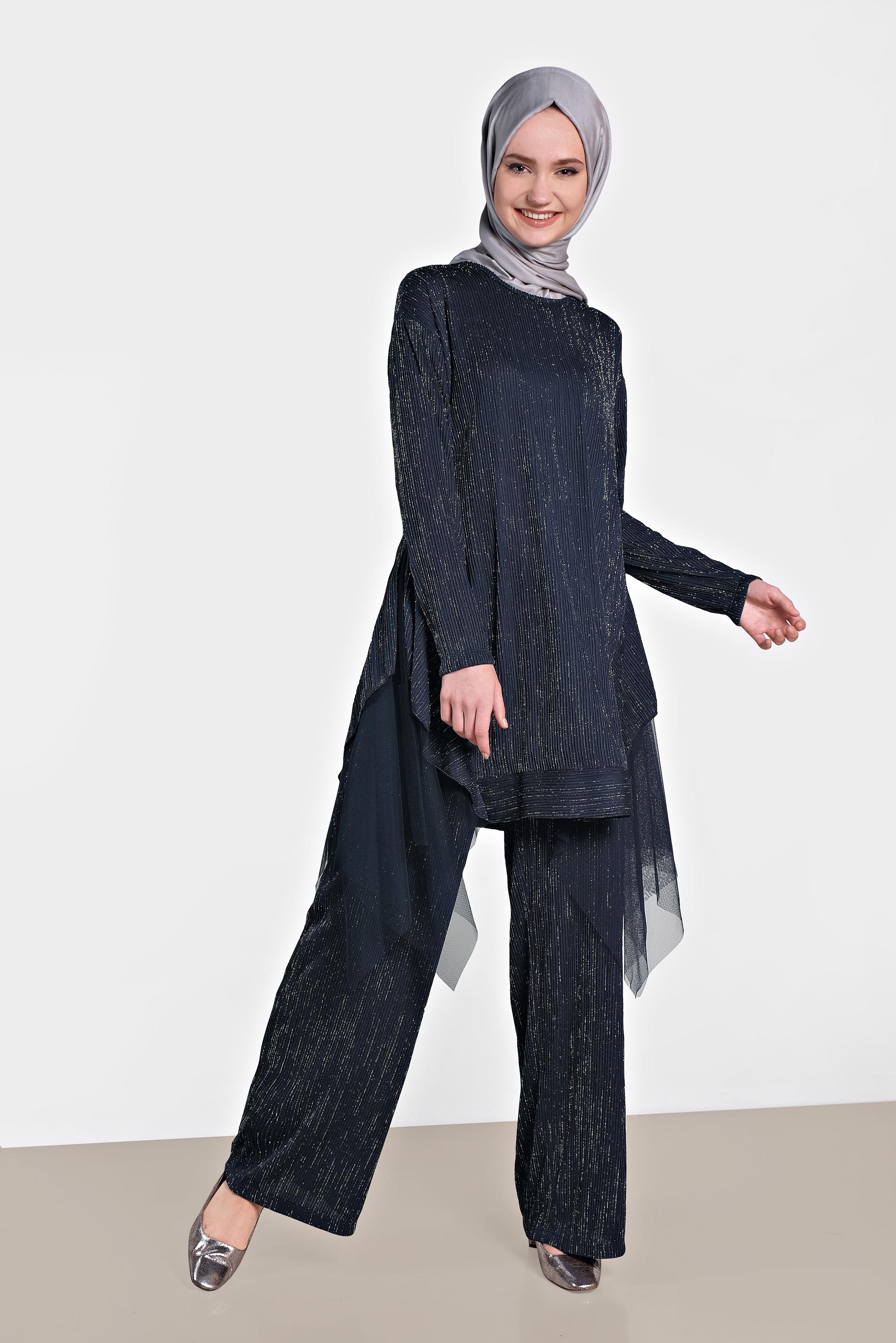 Tesettür giyim LACİVERT TÜL DETAYLI SALAŞ İKİLİ PANTOLONLU TAKIM 4447