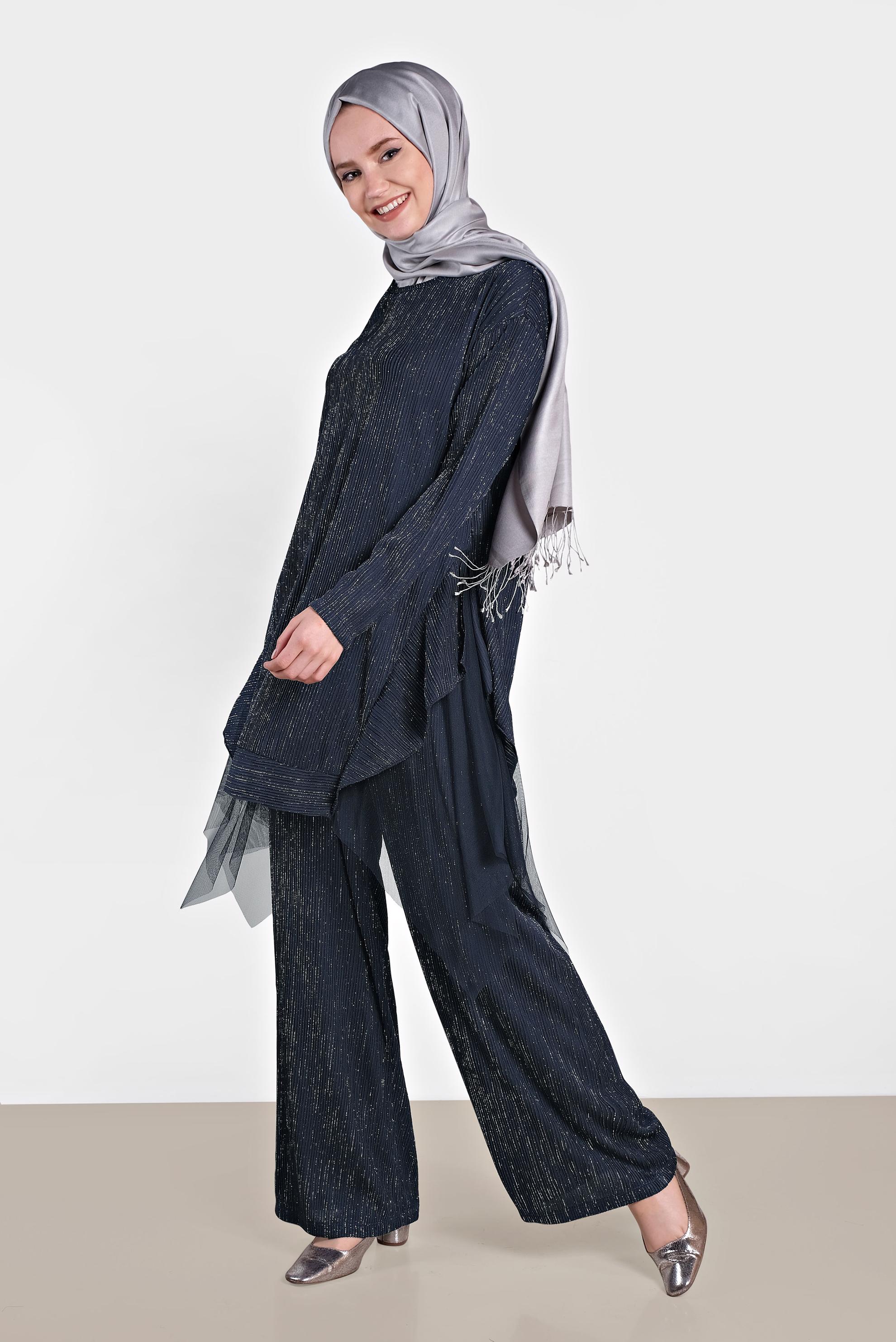 Tesettür giyim LACİVERT TÜL DETAYLI SALAŞ İKİLİ PANTOLONLU TAKIM 4447