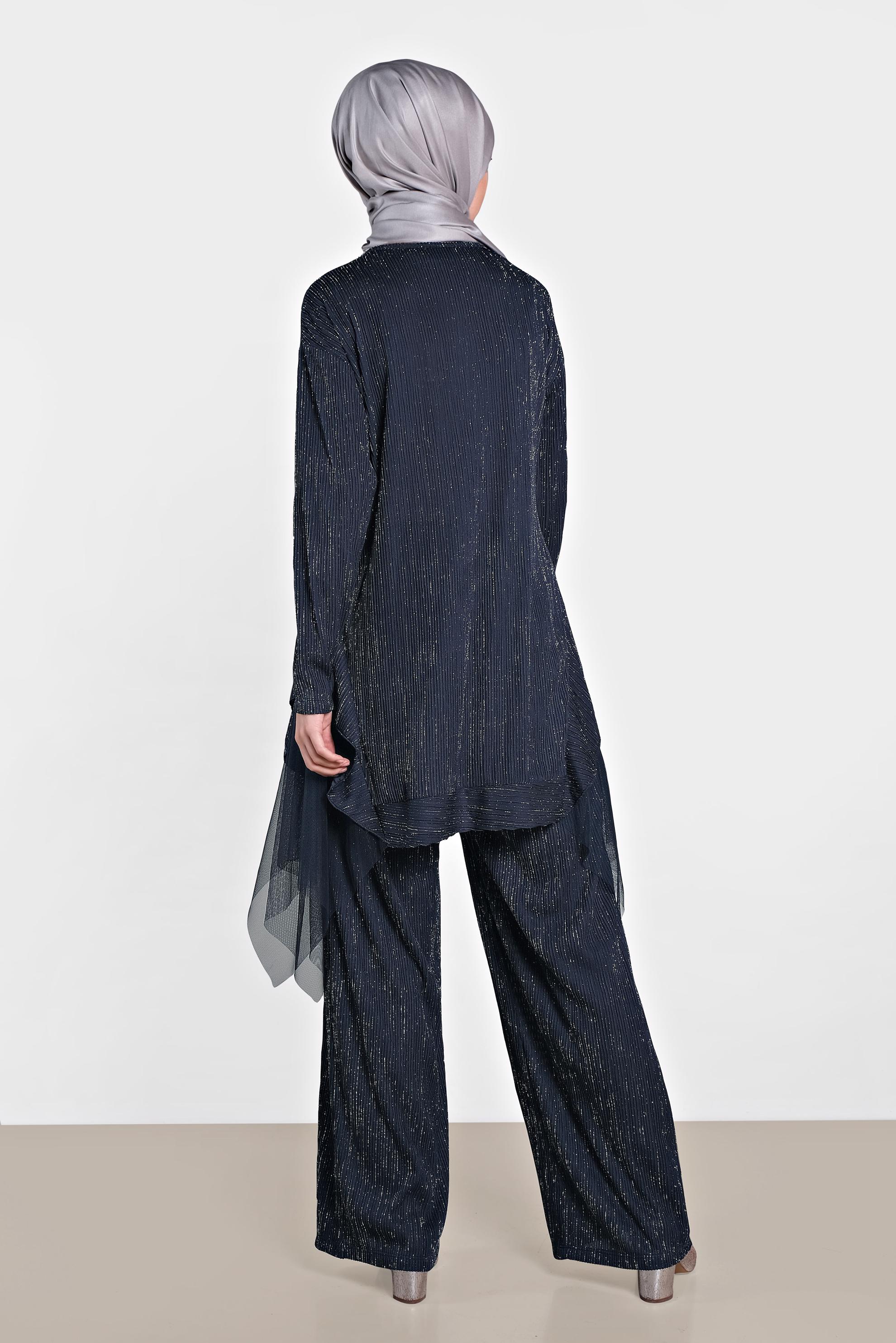 Tesettür giyim LACİVERT TÜL DETAYLI SALAŞ İKİLİ PANTOLONLU TAKIM 4447