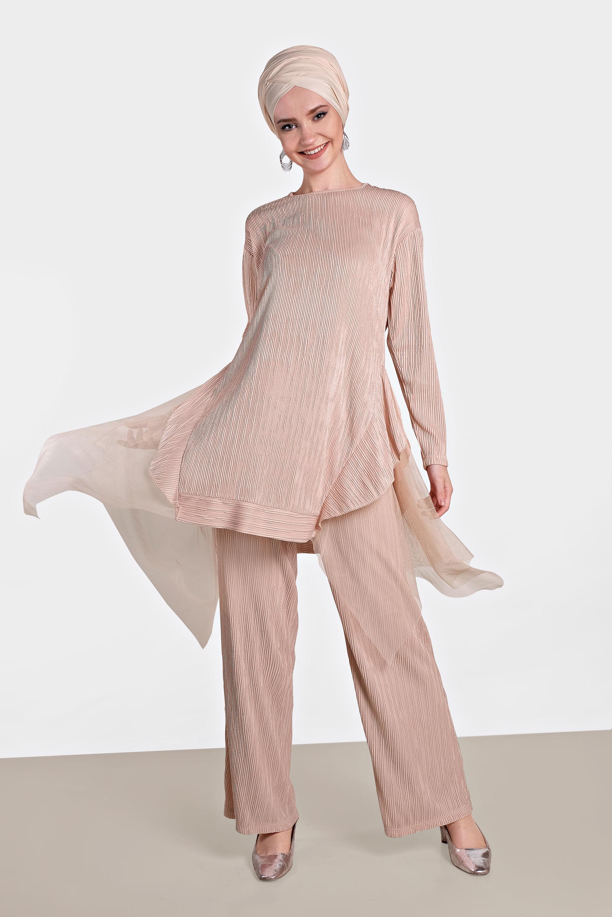 Tesettür giyim PUDRA TÜL DETAYLI SALAŞ İKİLİ PANTOLONLU TAKIM 4447