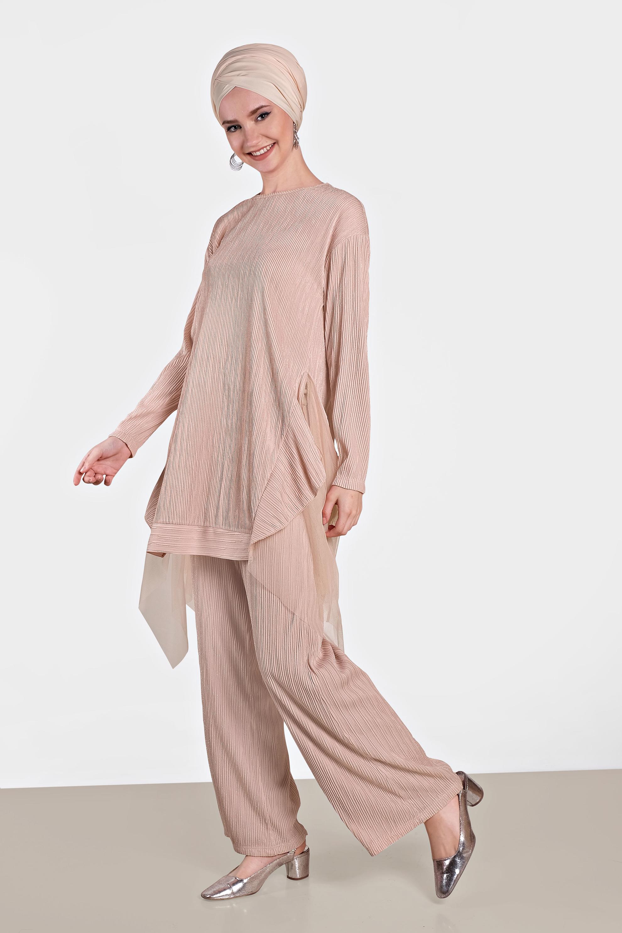 Tesettür giyim PUDRA TÜL DETAYLI SALAŞ İKİLİ PANTOLONLU TAKIM 4447