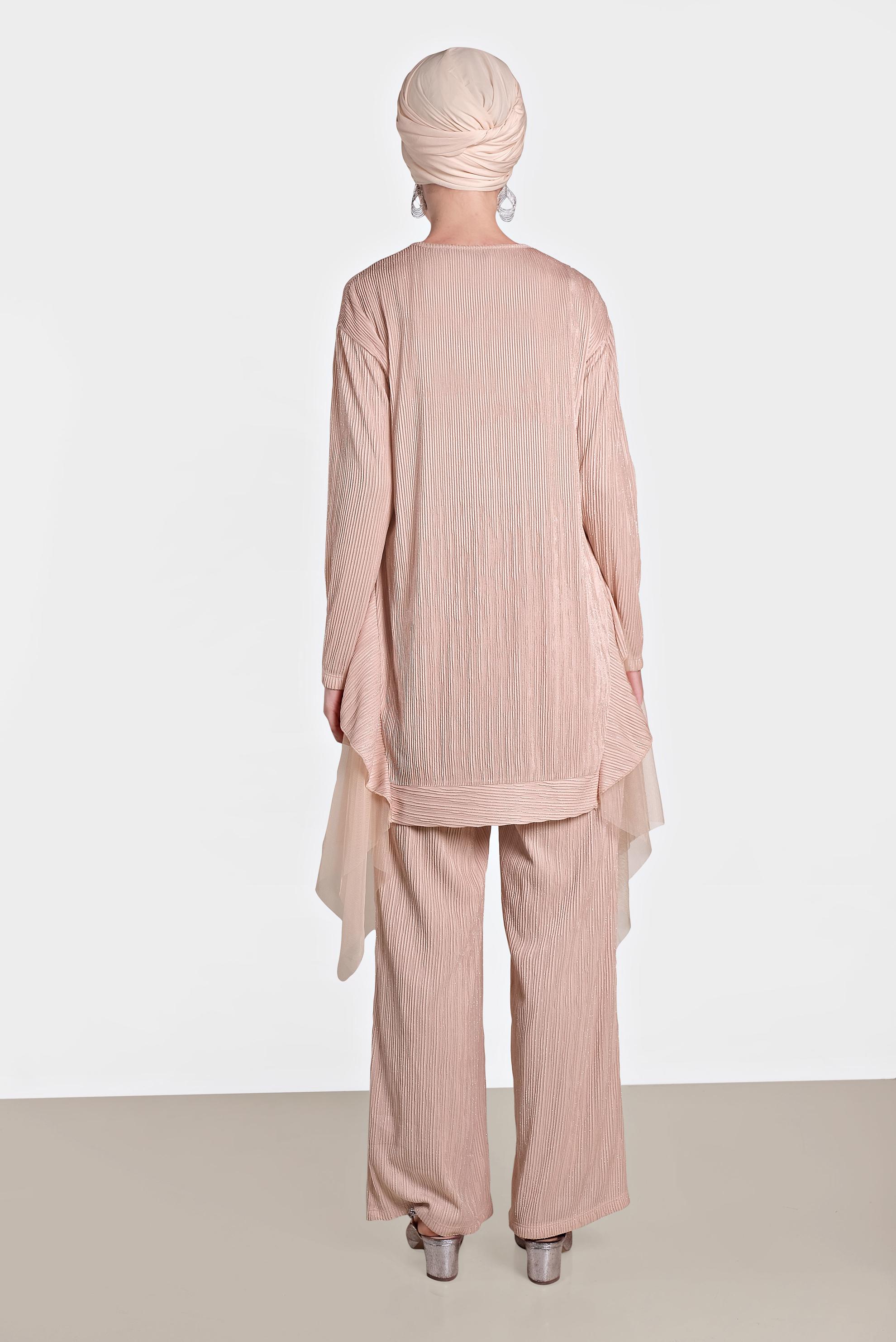 Tesettür giyim PUDRA TÜL DETAYLI SALAŞ İKİLİ PANTOLONLU TAKIM 4447