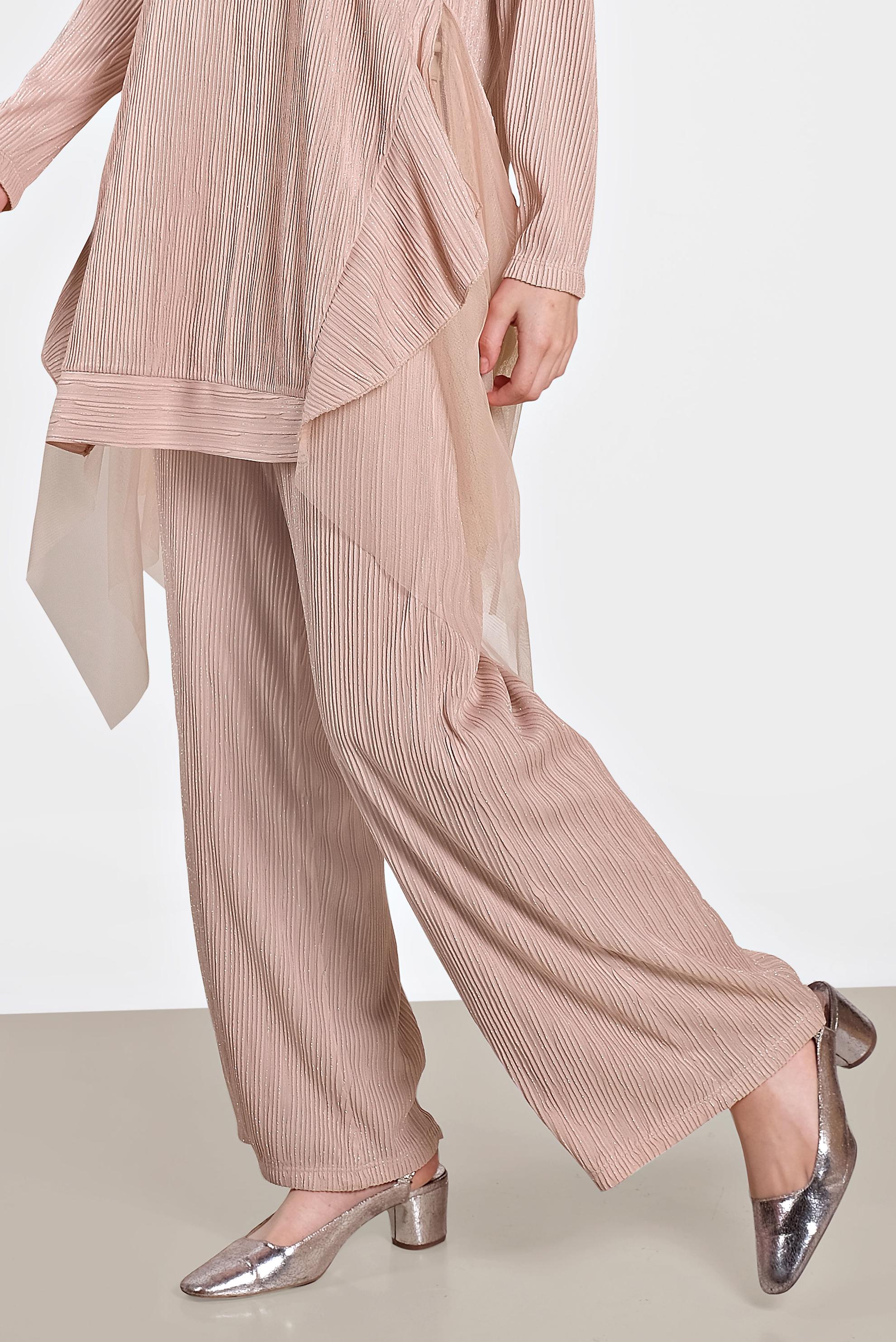 Tesettür giyim PUDRA TÜL DETAYLI SALAŞ İKİLİ PANTOLONLU TAKIM 4447