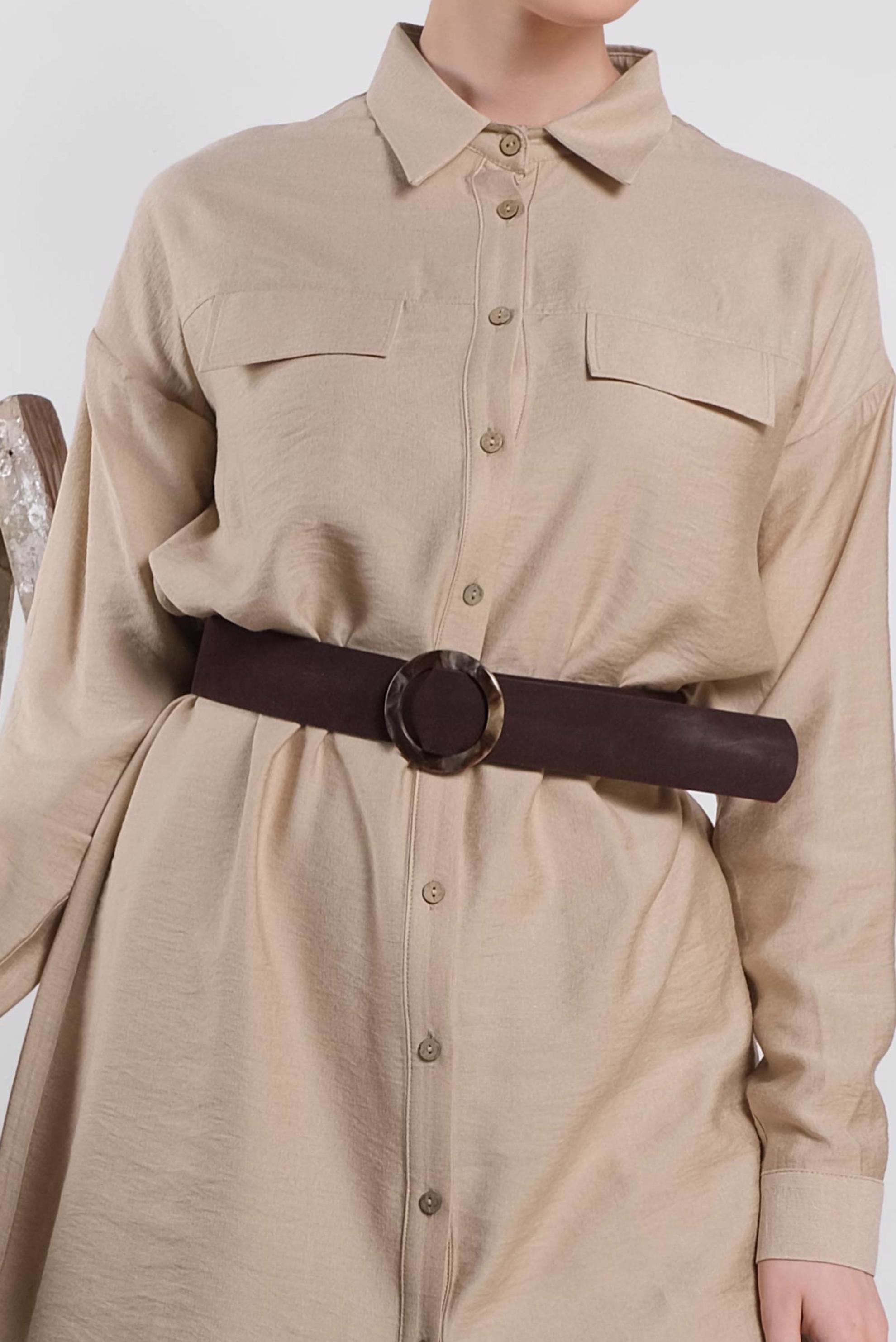 Tesettür giyim BEJ DÜĞMELİ ERKEK YAKA İKİLİ PANTOLONLU TAKIM 4487