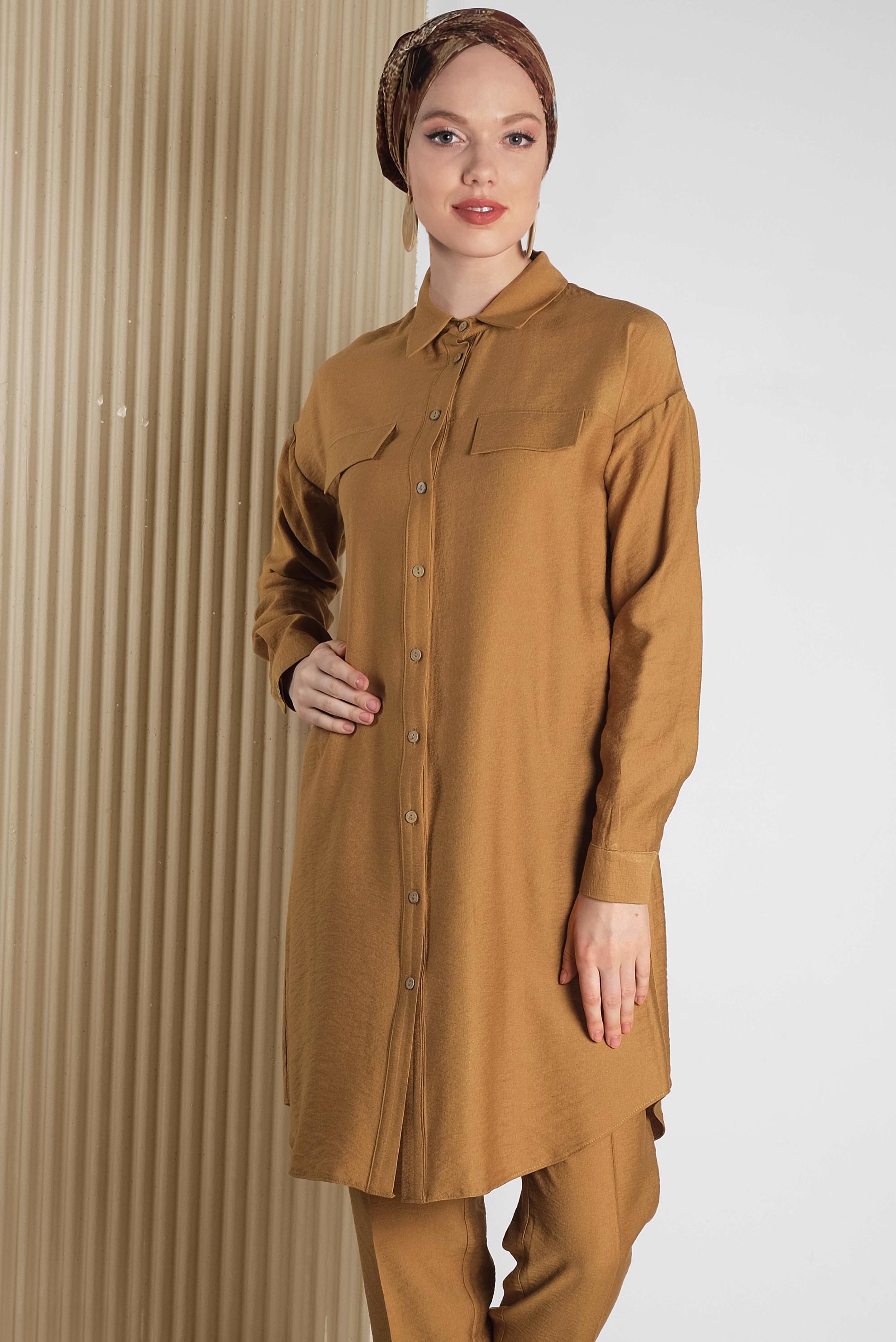 Tesettür giyim SARI DÜĞMELİ ERKEK YAKA İKİLİ PANTOLONLU TAKIM 4487