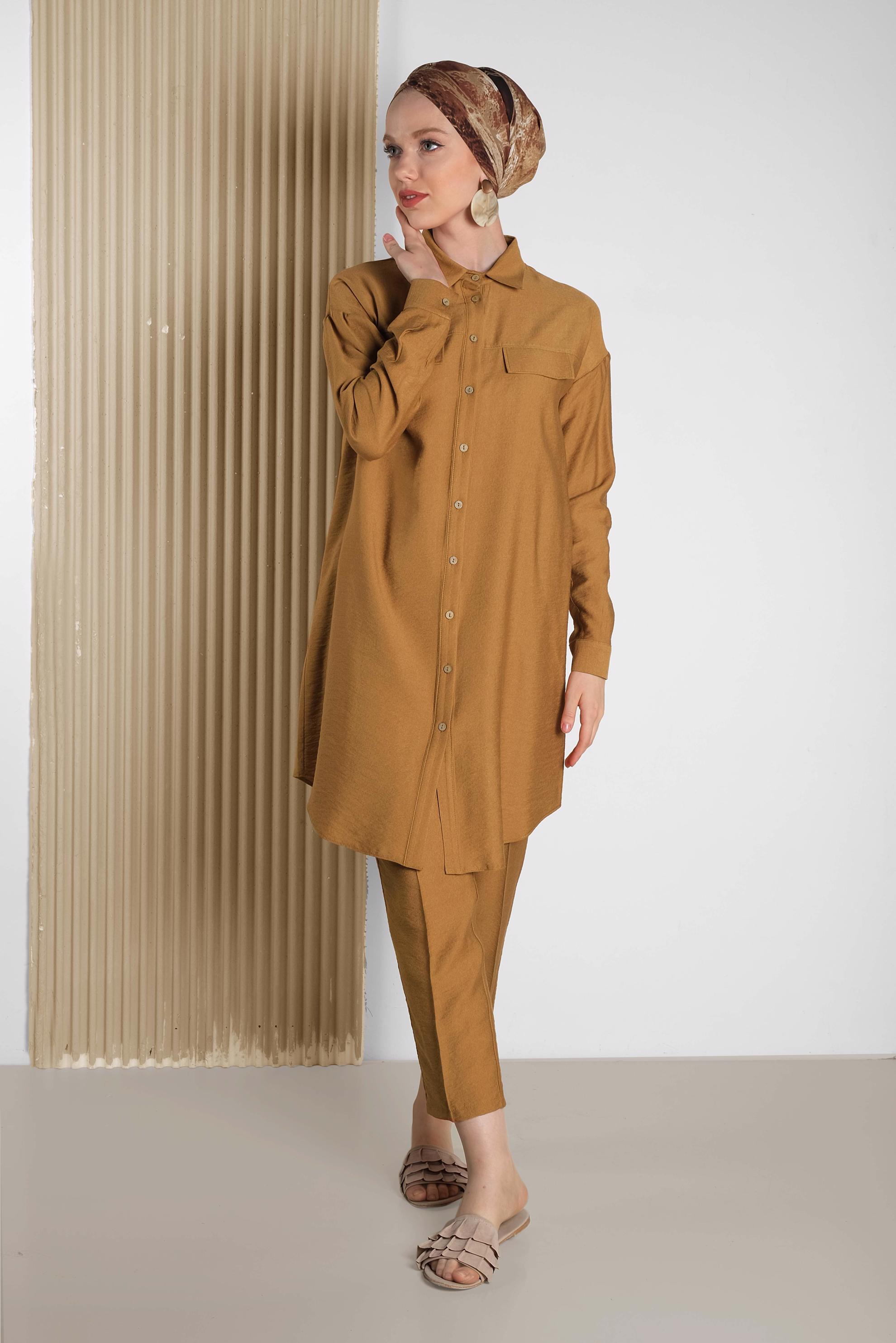 Tesettür giyim SARI DÜĞMELİ ERKEK YAKA İKİLİ PANTOLONLU TAKIM 4487